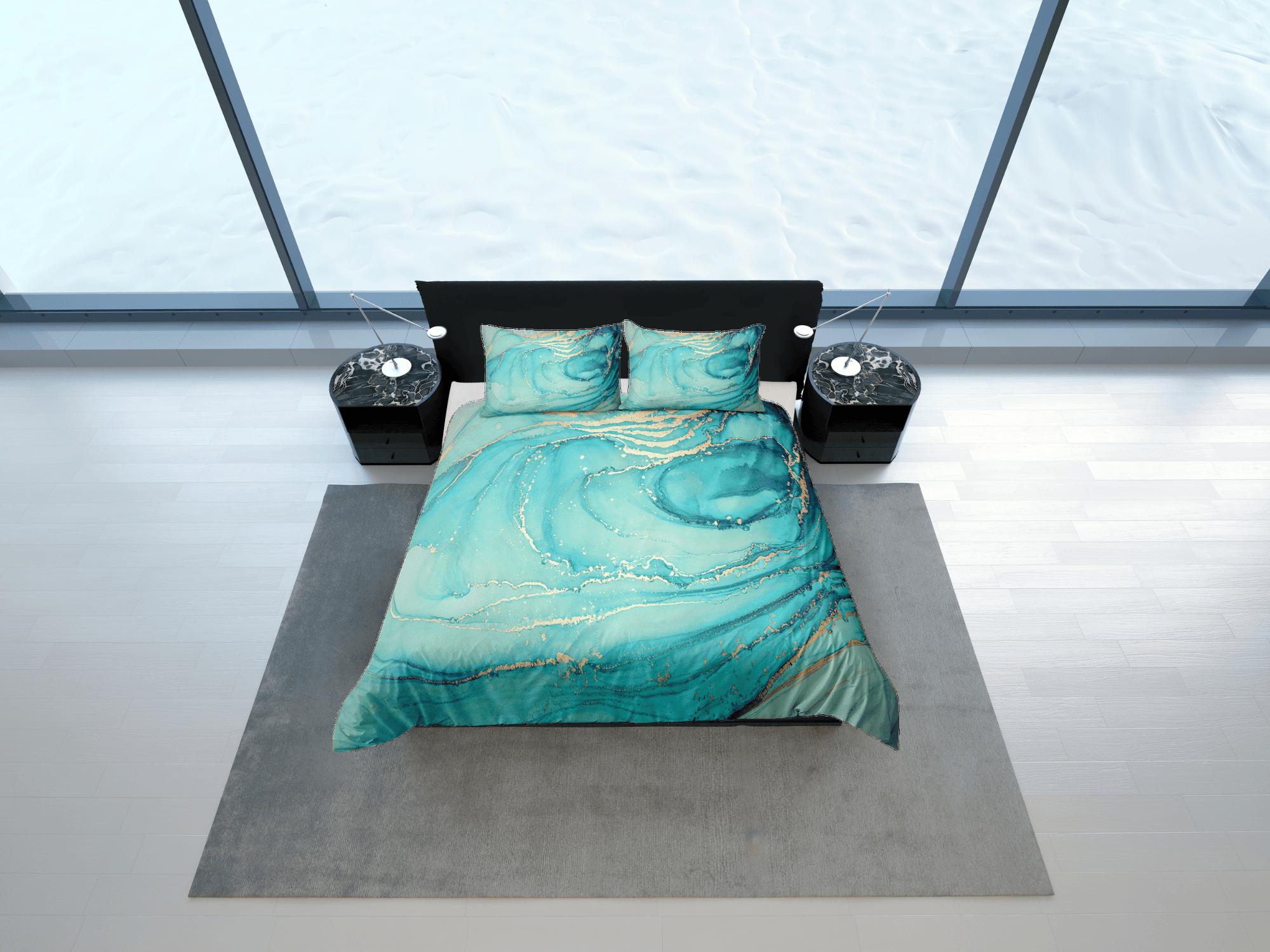 daintyduvet Contemporary bedroom set teal aesthetic duvet cover, luxury duvet gold marble abstract art room decor boho chic bedding set full king queen