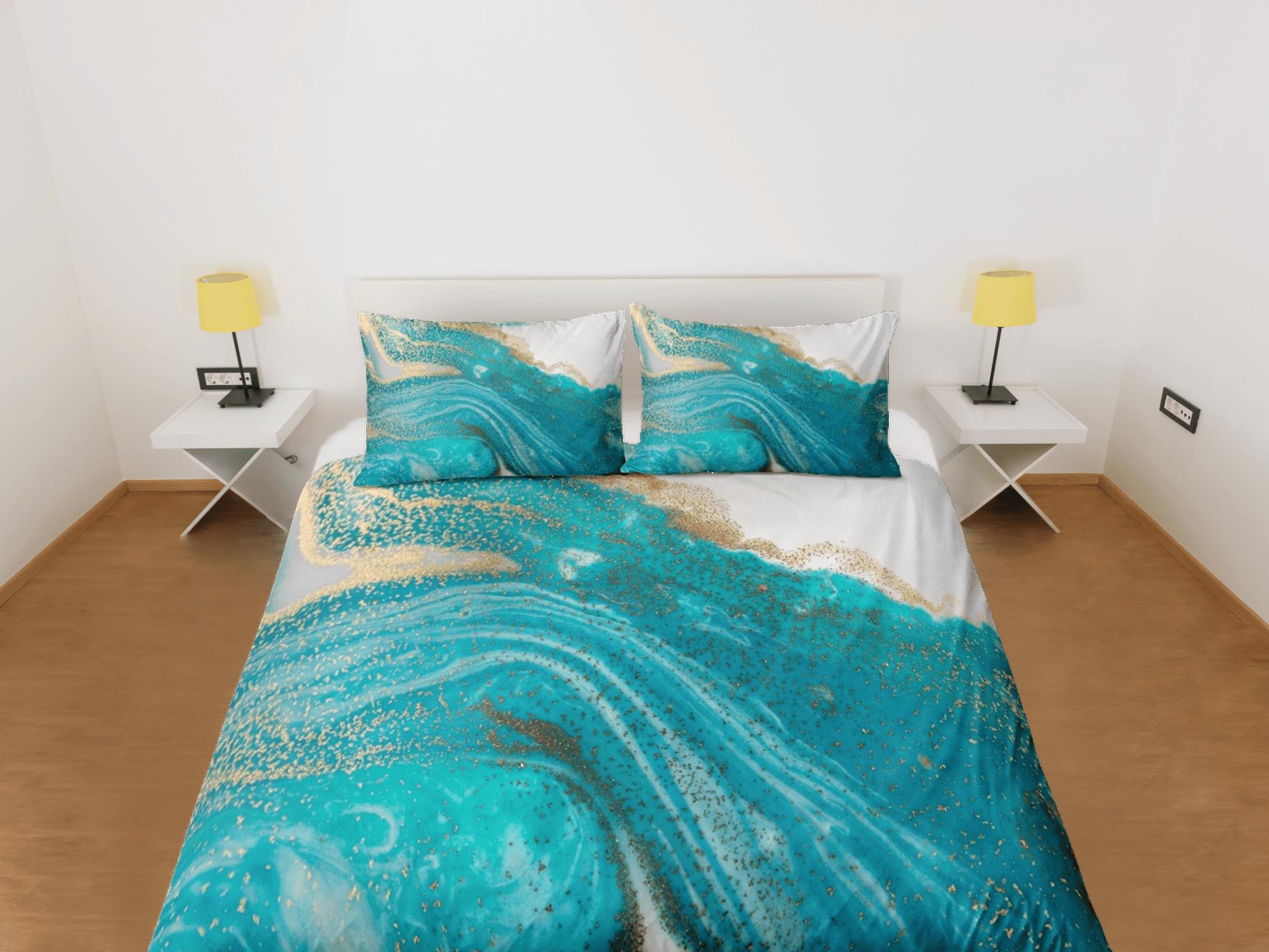 daintyduvet Contemporary bedroom set turquoise aesthetic duvet cover, luxury gold marble abstract art room decor boho chic bedding set full king queen