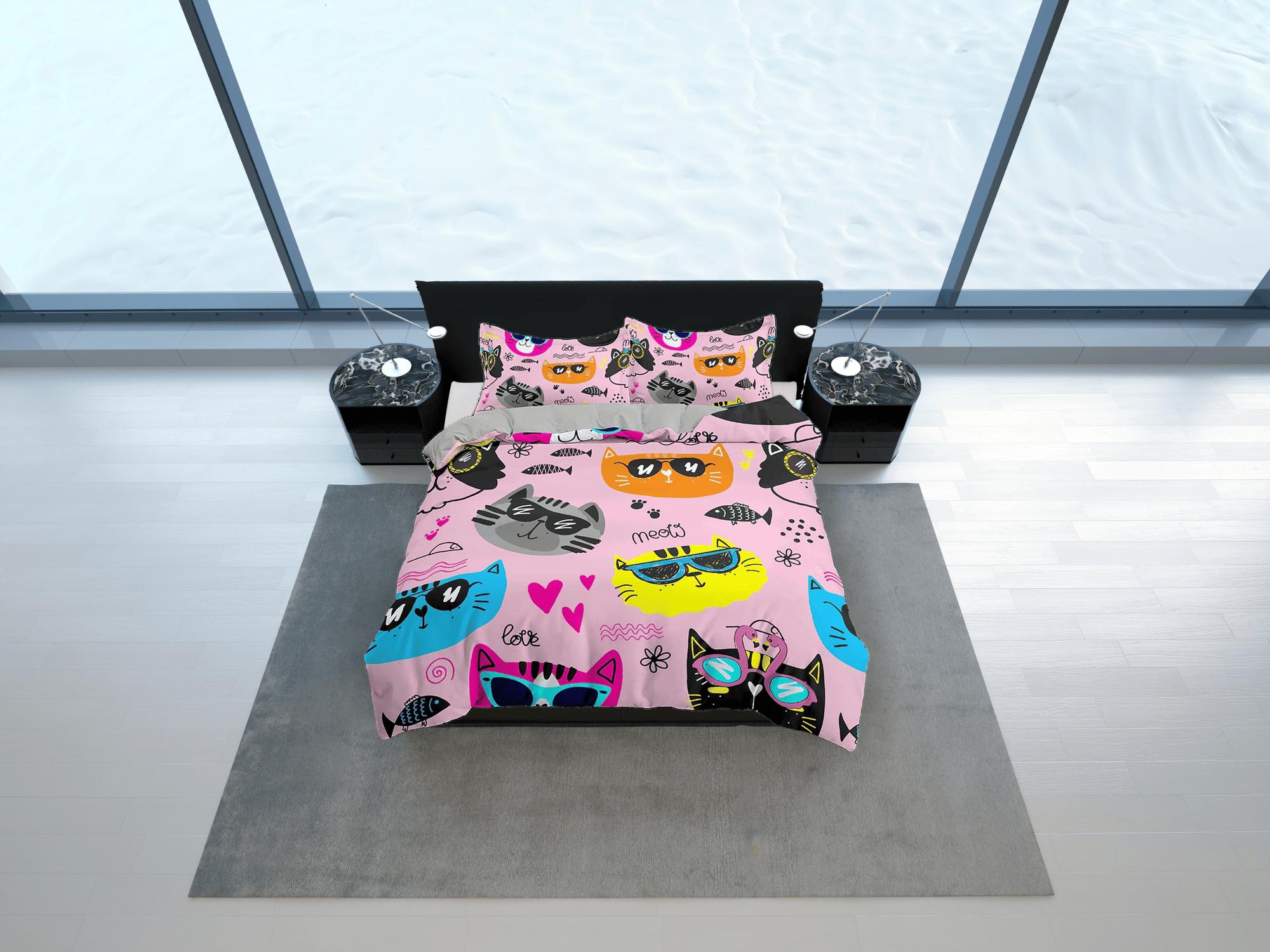 daintyduvet Cool Cats in Different Colors Kids Pink Duvet Cover Set, Toddler Bedding, Kids Bedroom, Cute Bedding, Duvet King Queen Full Twin Single