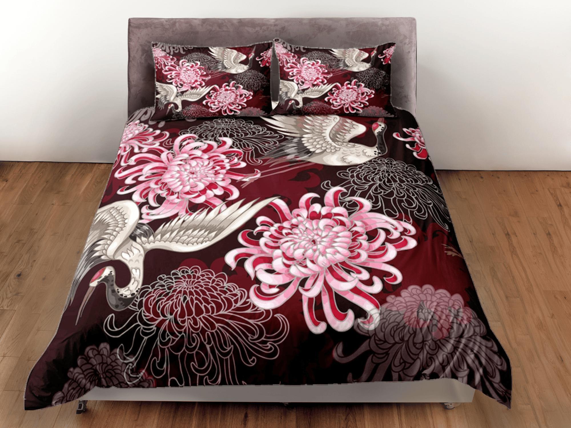 daintyduvet Crane Bird Floral Red Duvet Cover Set Full Japanese Art Dorm Bedding Set with Pillowcase | Size King, Queen, Double, Twin & Single Bedspread