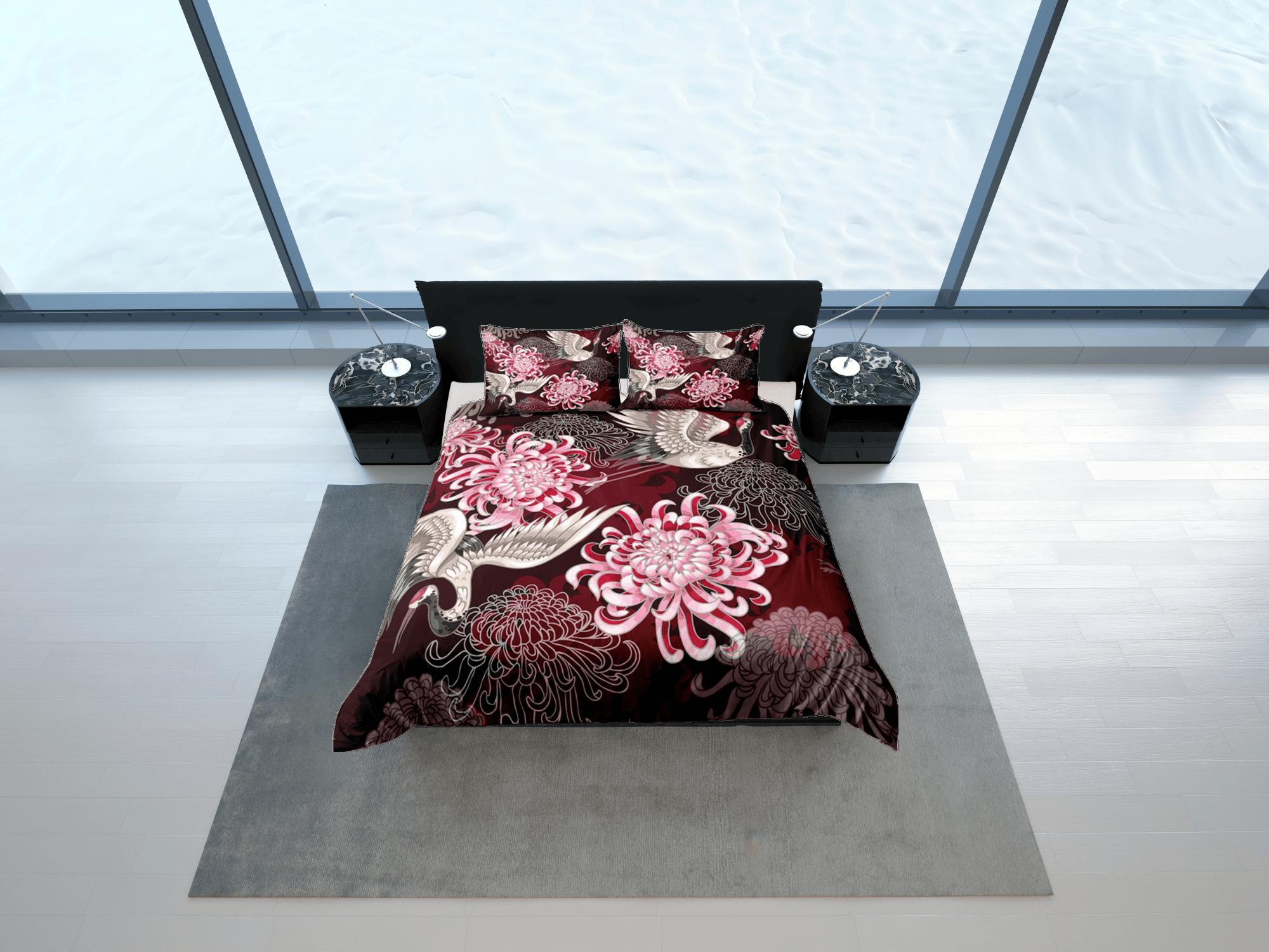 daintyduvet Crane Bird Floral Red Duvet Cover Set Full Japanese Art Dorm Bedding Set with Pillowcase | Size King, Queen, Double, Twin & Single Bedspread
