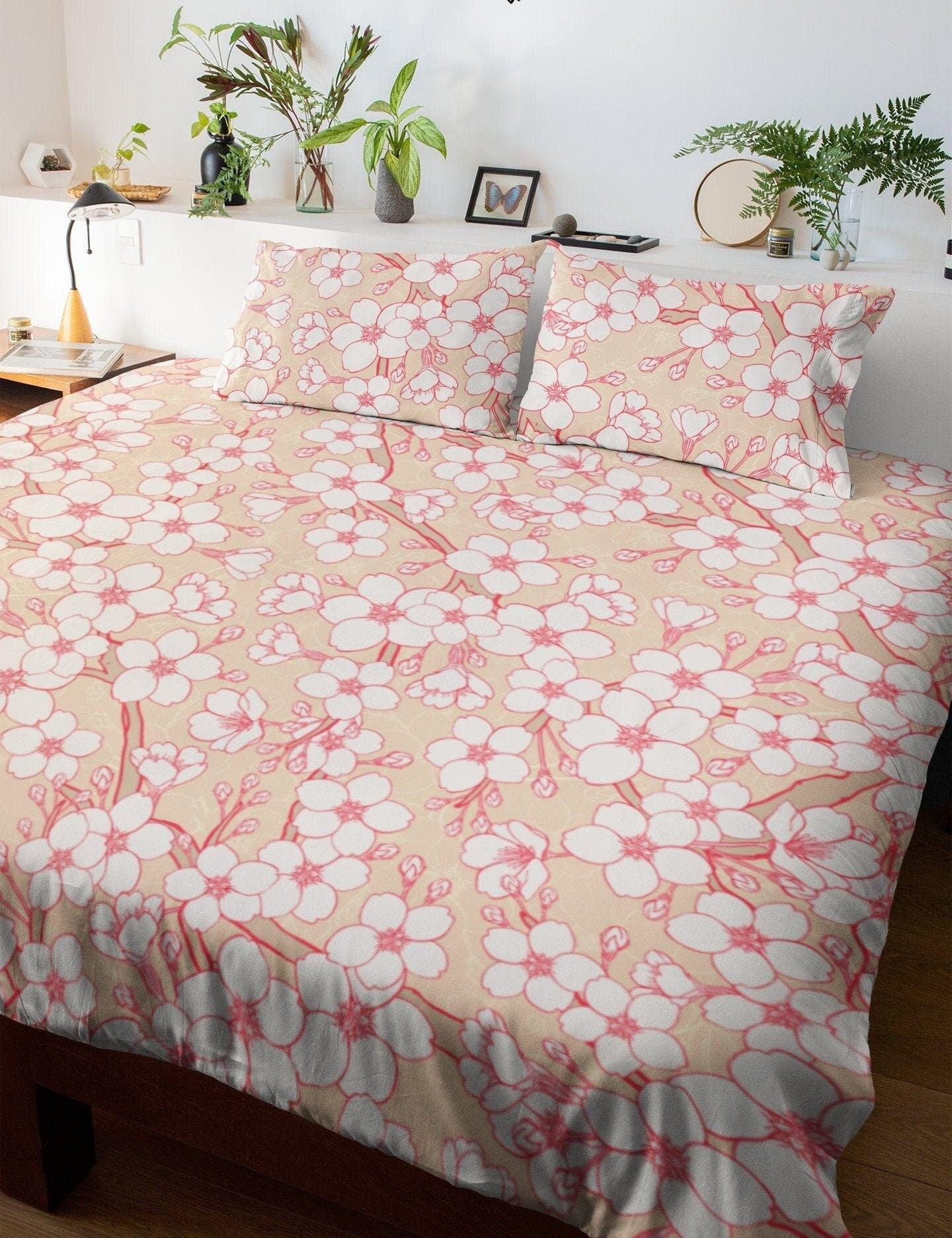 daintyduvet Cream Beige Bedding Set with Floral Prints | Cherry Blossoms Duvet Cover Set with Pillows