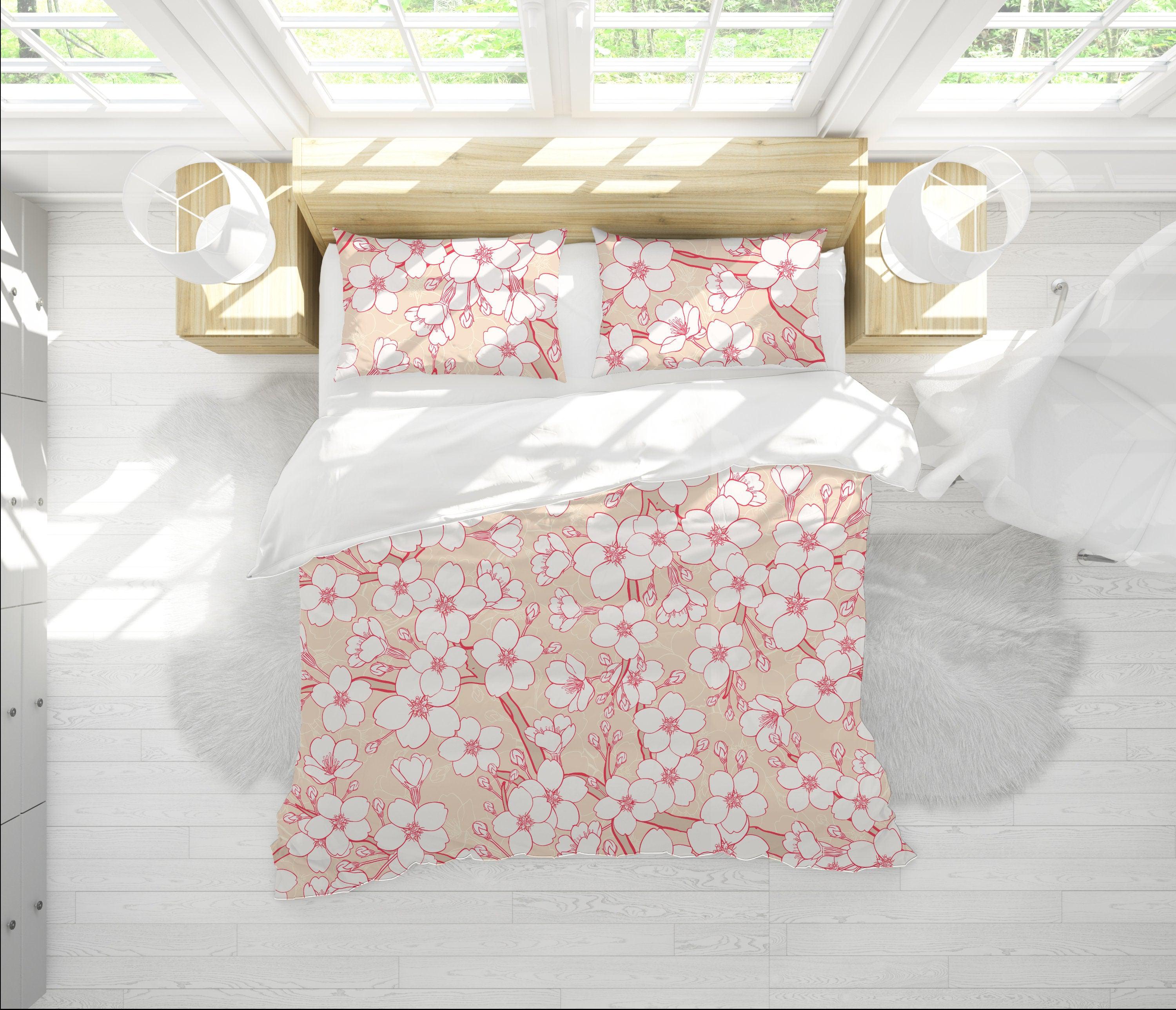 daintyduvet Cream Beige Bedding Set with Floral Prints | Cherry Blossoms Duvet Cover Set with Pillows