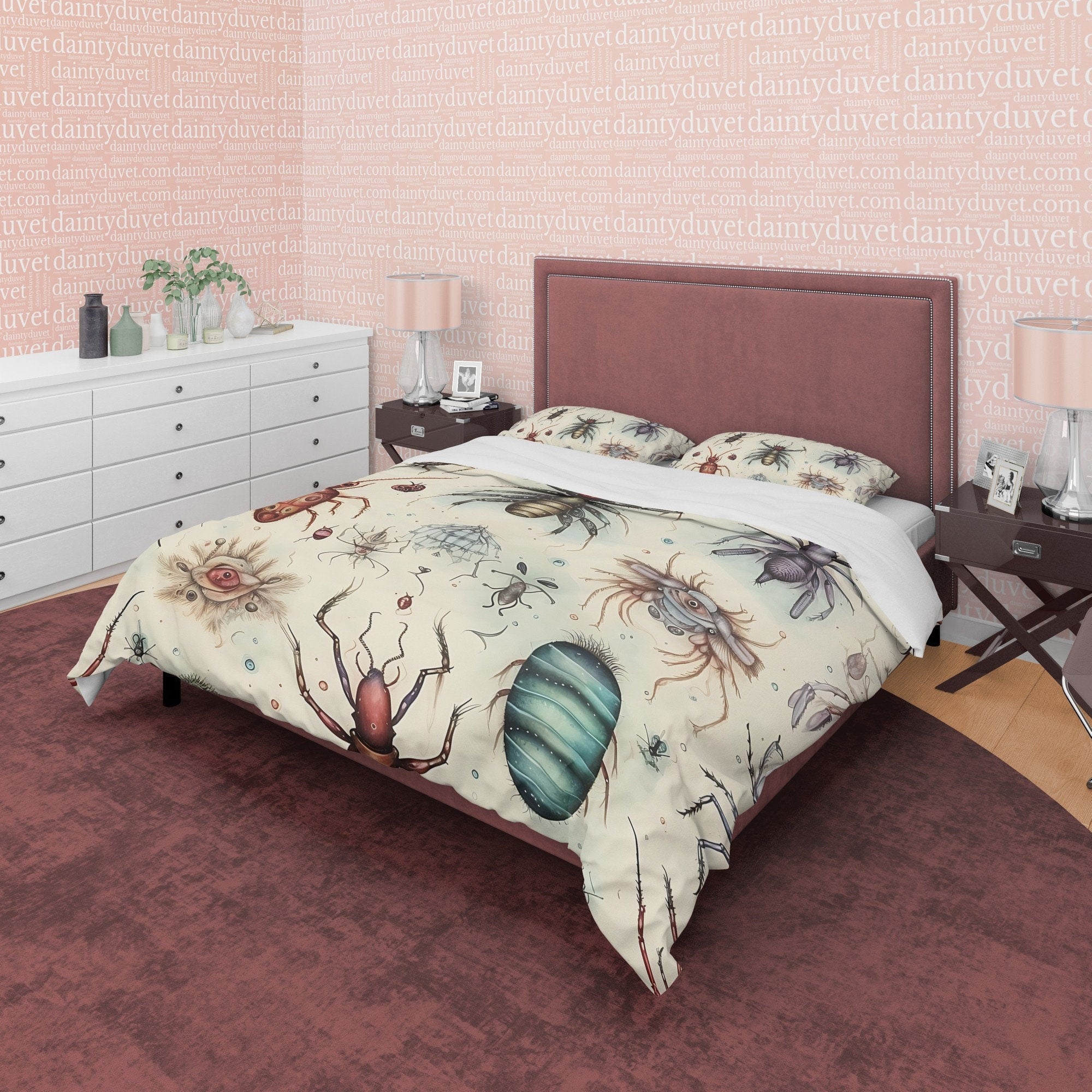 Creepy Insect White Halloween Duvet Cover Set & Pillowcase, Scary Insect Quilt Cover Aesthetic Zipper Bedding, Halloween Room Decor,