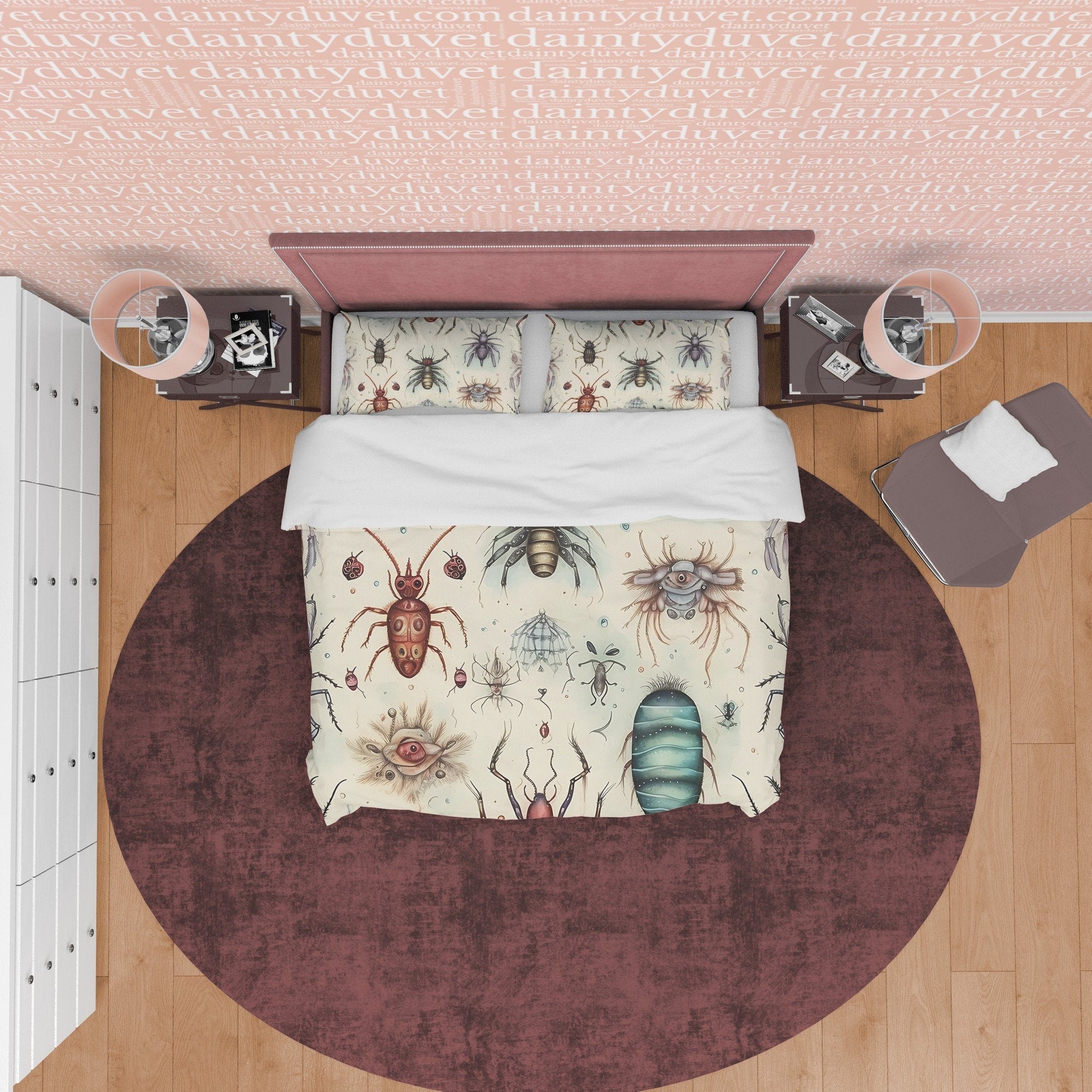 Creepy Insect White Halloween Duvet Cover Set & Pillowcase, Scary Insect Quilt Cover Aesthetic Zipper Bedding, Halloween Room Decor,