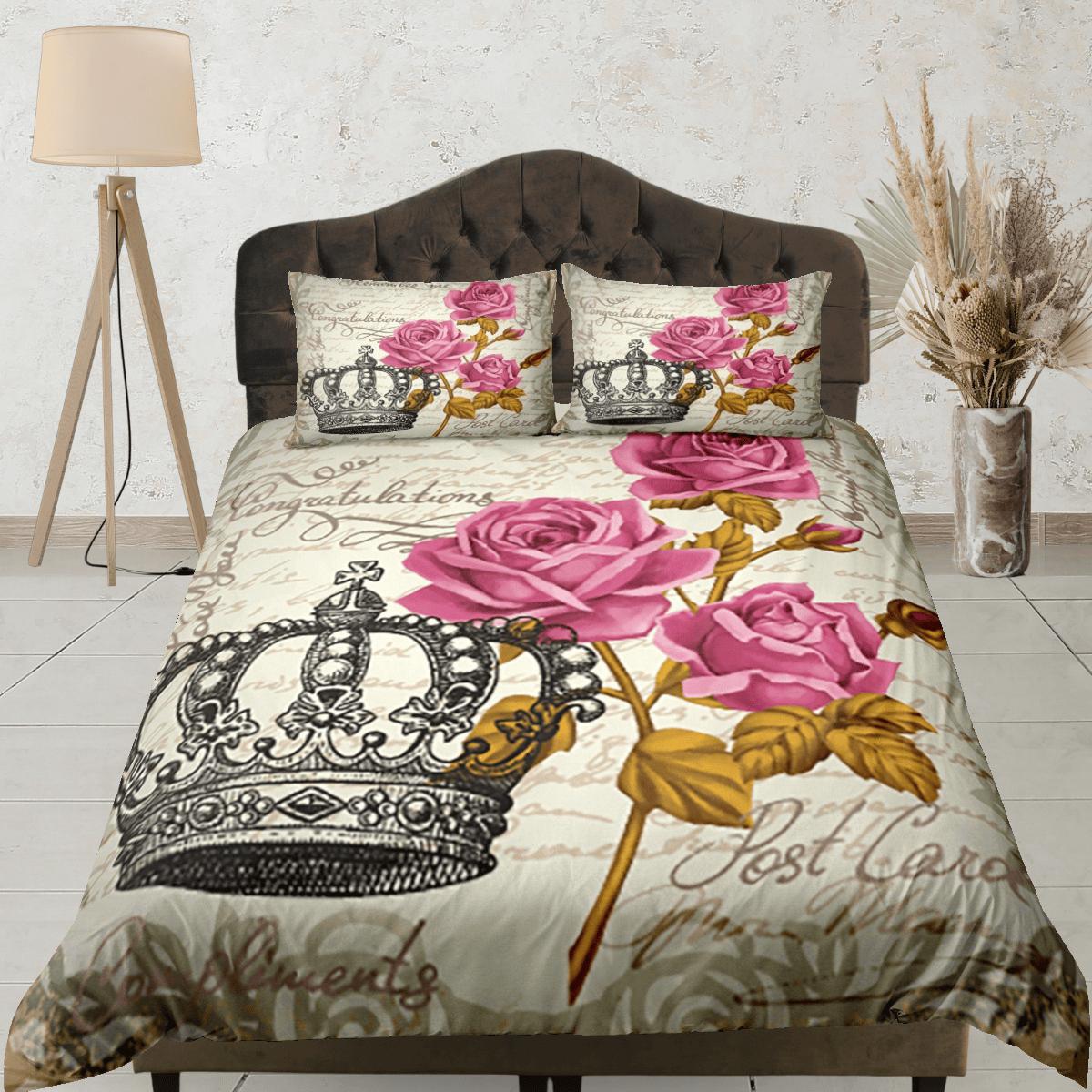 daintyduvet Crown Vintage Roses Duvet Cover Set Bedspread, Floral Dorm Bedding Pillowcase