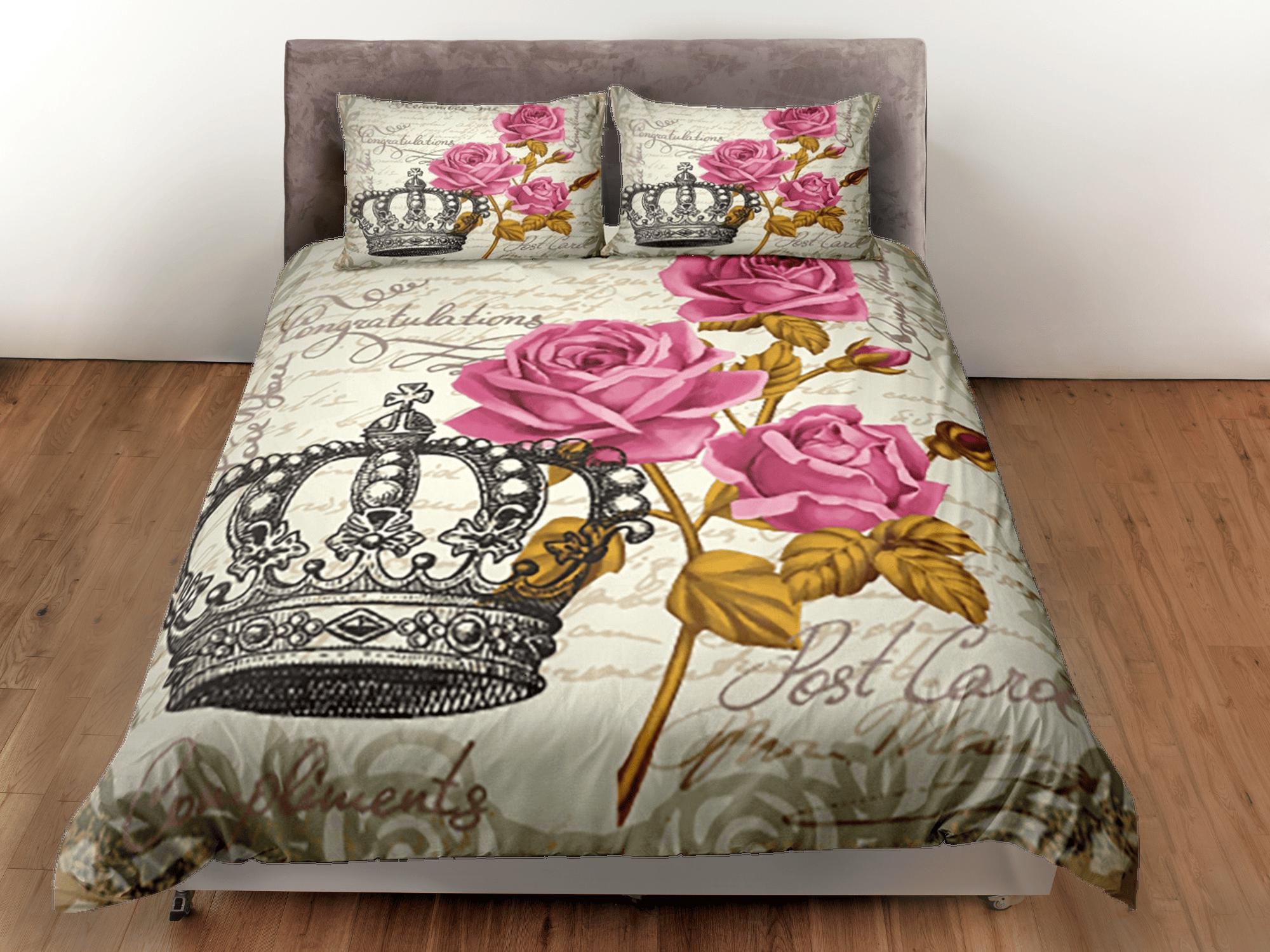 daintyduvet Crown Vintage Roses Duvet Cover Set Bedspread, Floral Dorm Bedding Pillowcase