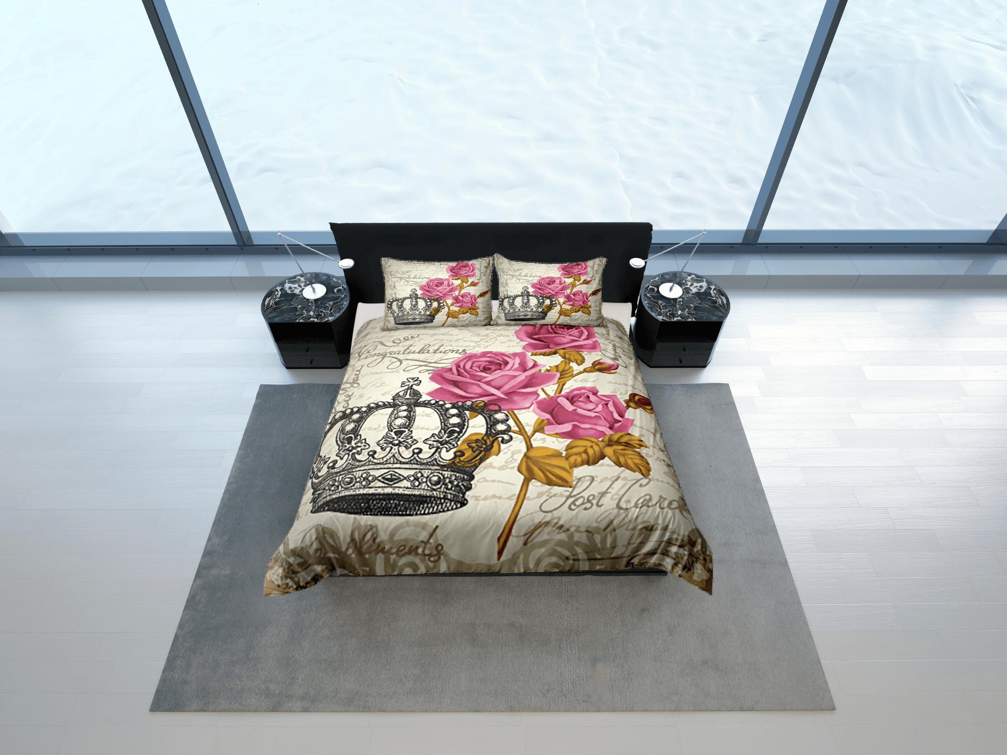 daintyduvet Crown Vintage Roses Duvet Cover Set Bedspread, Floral Dorm Bedding Pillowcase