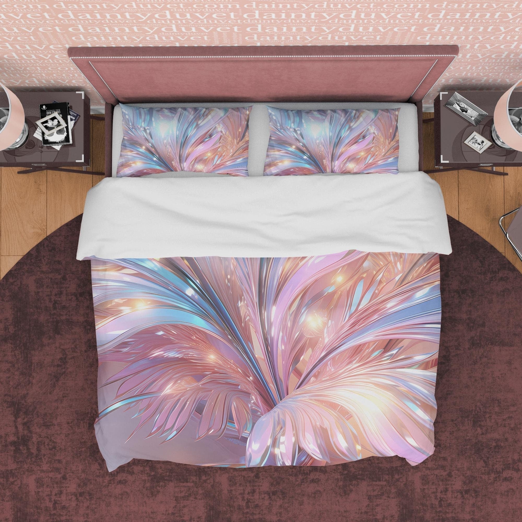 Crystal Holographic Bedding Set Boho Duvet Cover, Shiny Leaf Quilt Cover, Moonstone Inspired Bedspread, Galaxy Opal Bed Cover, Pastel Color