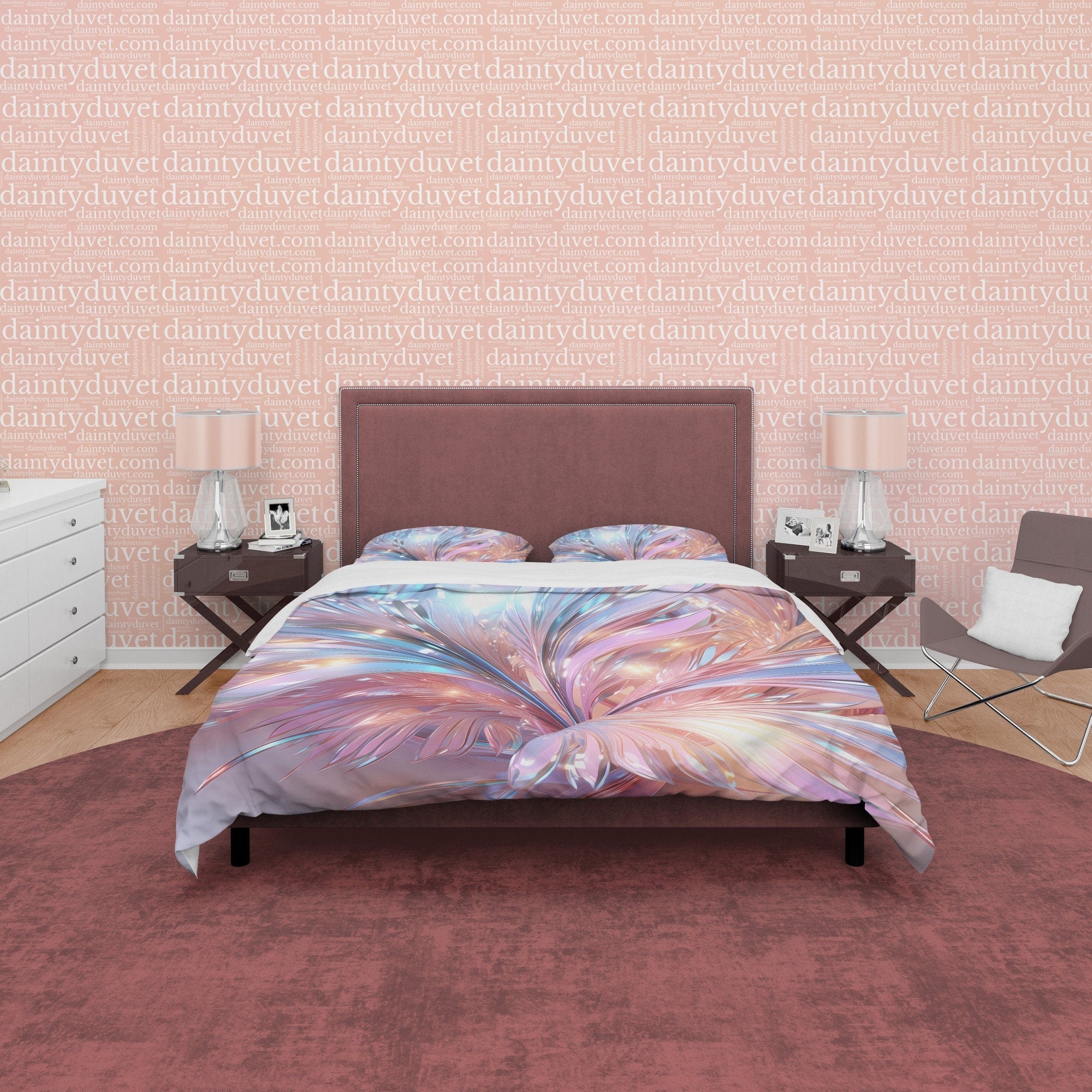 Crystal Holographic Bedding Set Boho Duvet Cover, Shiny Leaf Quilt Cover, Moonstone Inspired Bedspread, Galaxy Opal Bed Cover, Pastel Color