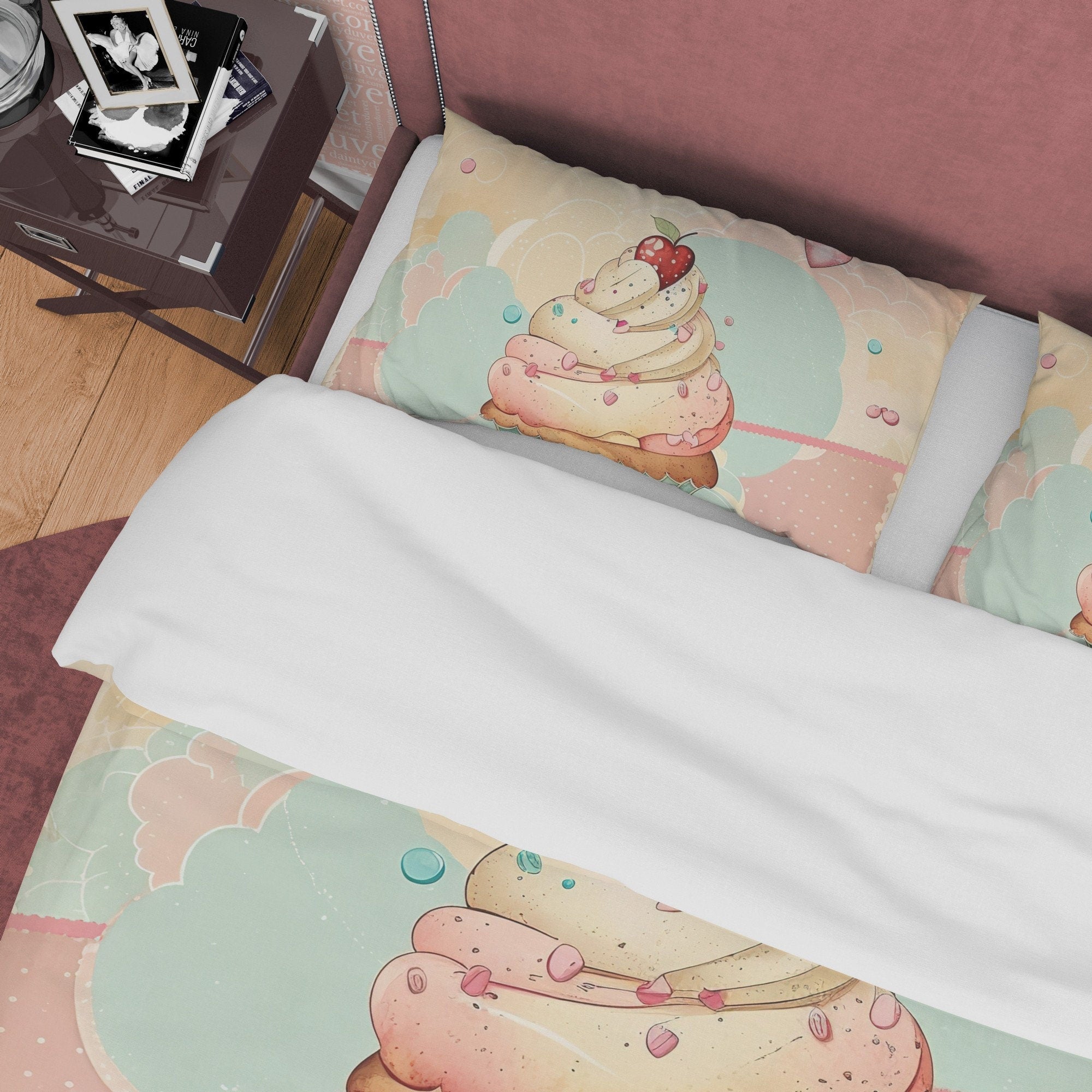 Cupcake Cotton Duvet Cover Boho Bedroom Set, Sweet Girly Bedspread, Cute Toddler Quilt Cover, Dorm Bedding, Baby Girl Crib Set, Pastel Color