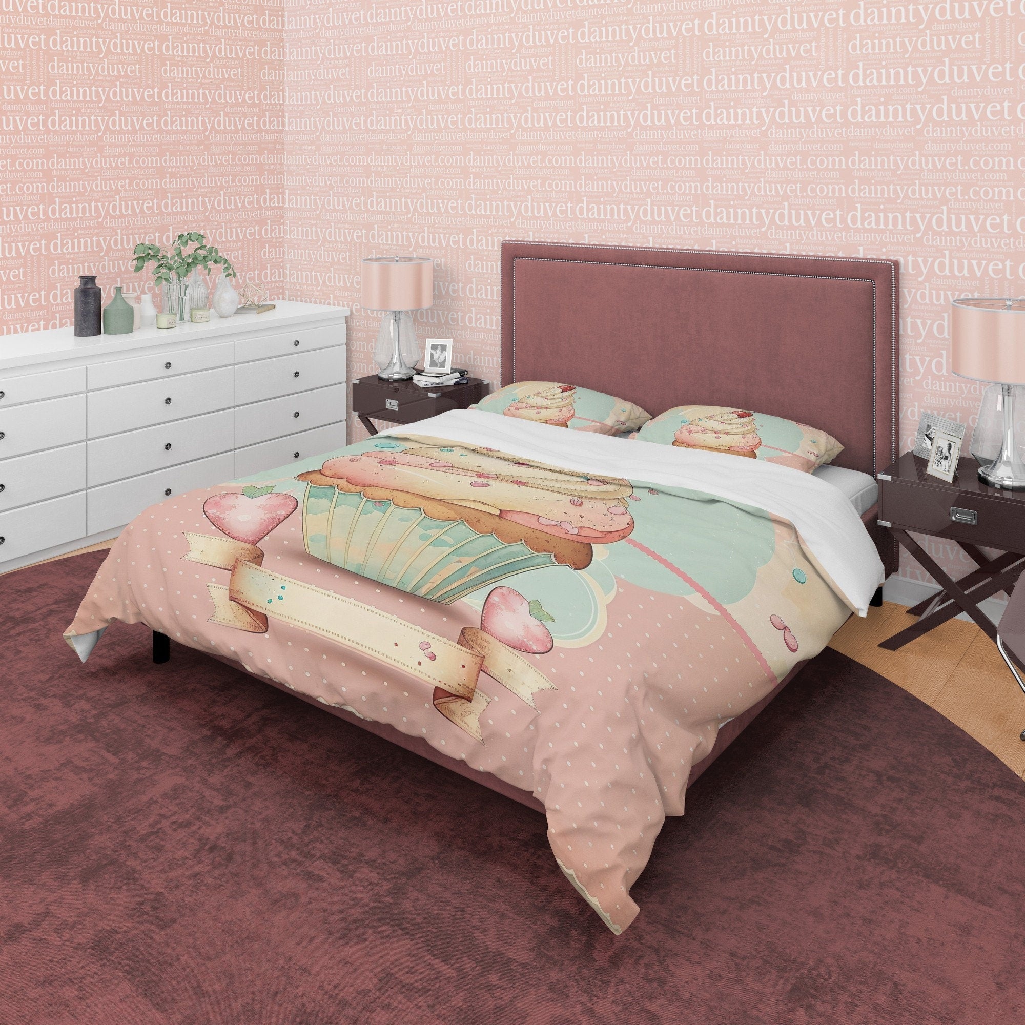 Cupcake Cotton Duvet Cover Boho Bedroom Set, Sweet Girly Bedspread, Cute Toddler Quilt Cover, Dorm Bedding, Baby Girl Crib Set, Pastel Color