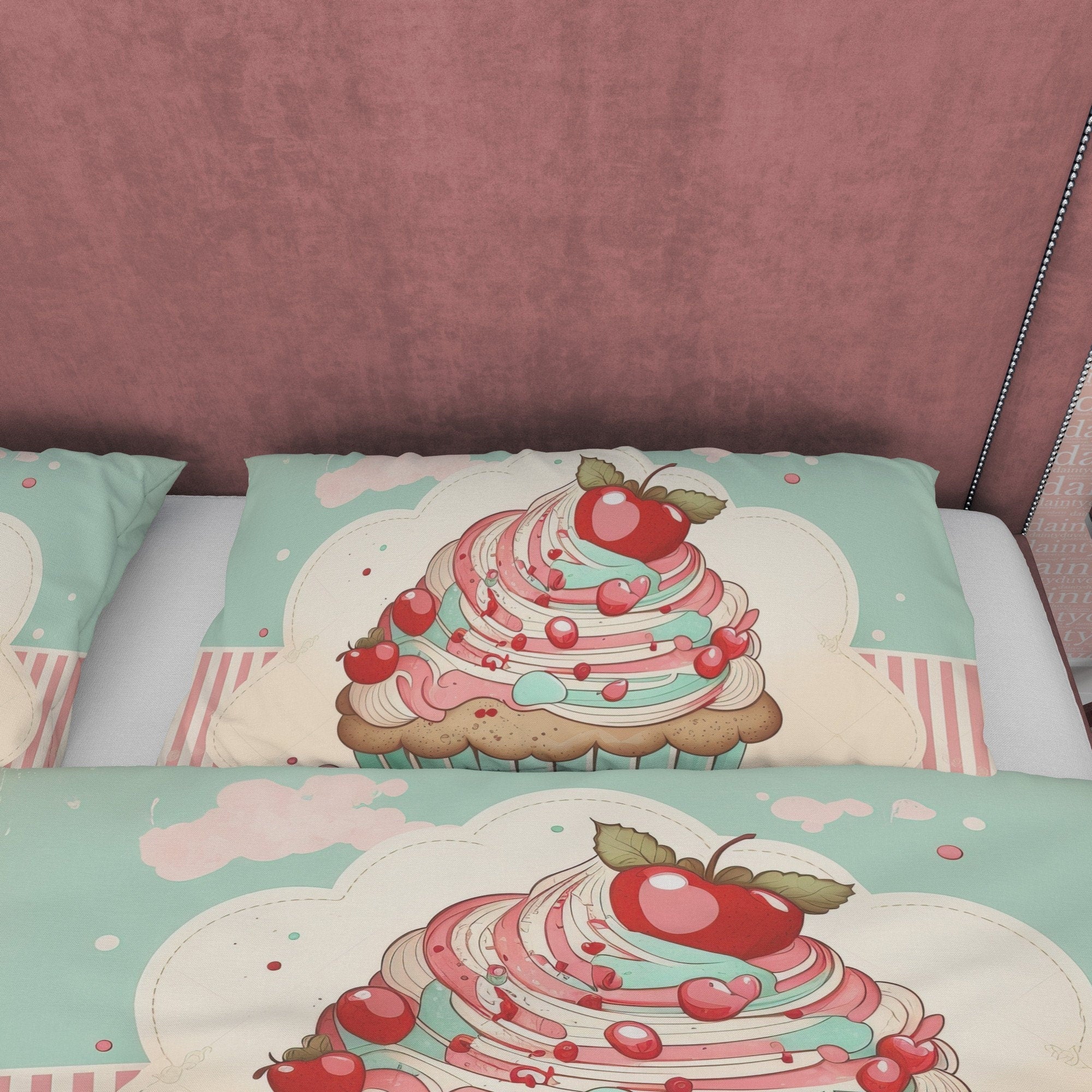 Cupcake Duvet Cover Boho Bedroom Set, Girly Bedspread, Sweet Blanket Cover Cute Quilt Cover, Pastel Color Dorm Bedding, Baby Girl Crib Set