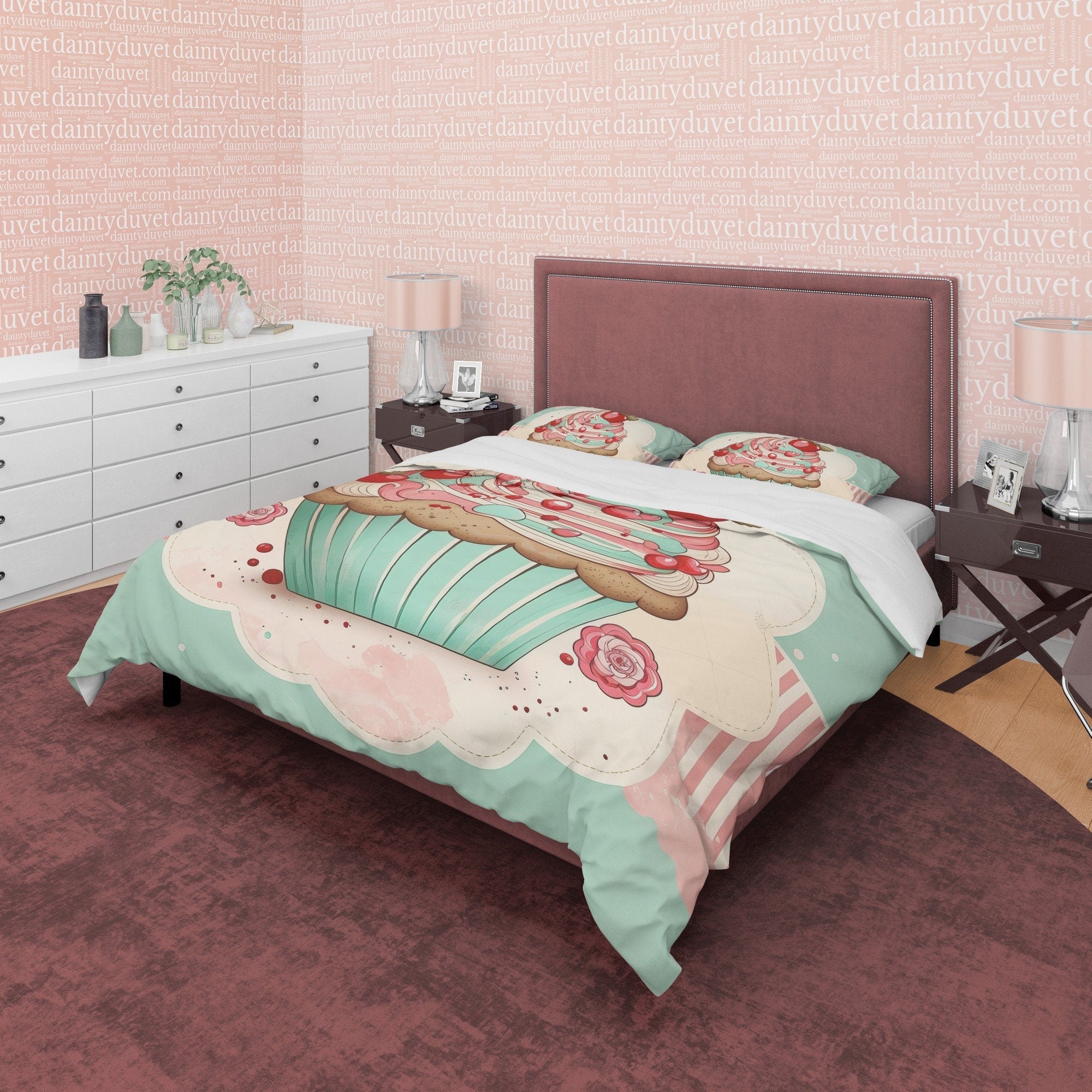 Cupcake Duvet Cover Boho Bedroom Set, Girly Bedspread, Sweet Blanket Cover Cute Quilt Cover, Pastel Color Dorm Bedding, Baby Girl Crib Set