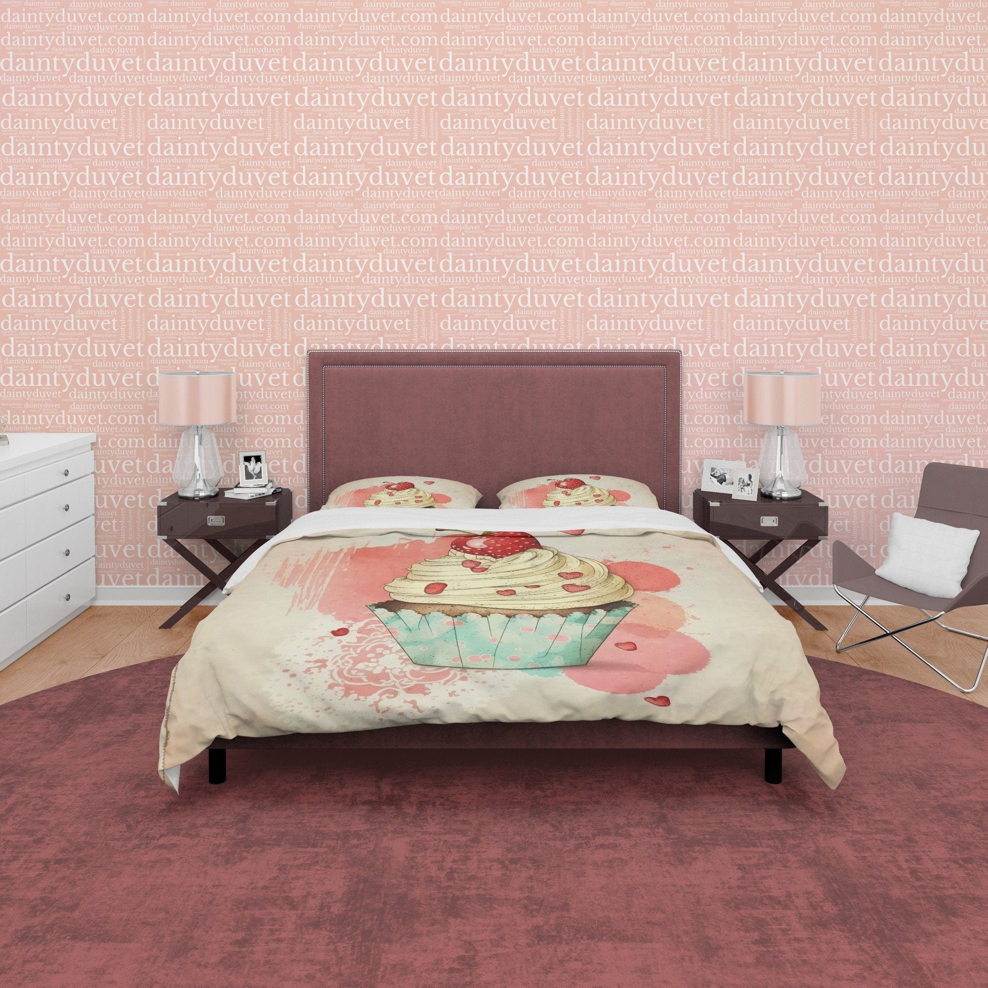 Cupcake Duvet Cover Boho Bedroom Set, Sweet Girly Bedspread, Cute Quilt Cover, Delightful Dorm Bedding, Baby Girl Crib Set, Pastel Color