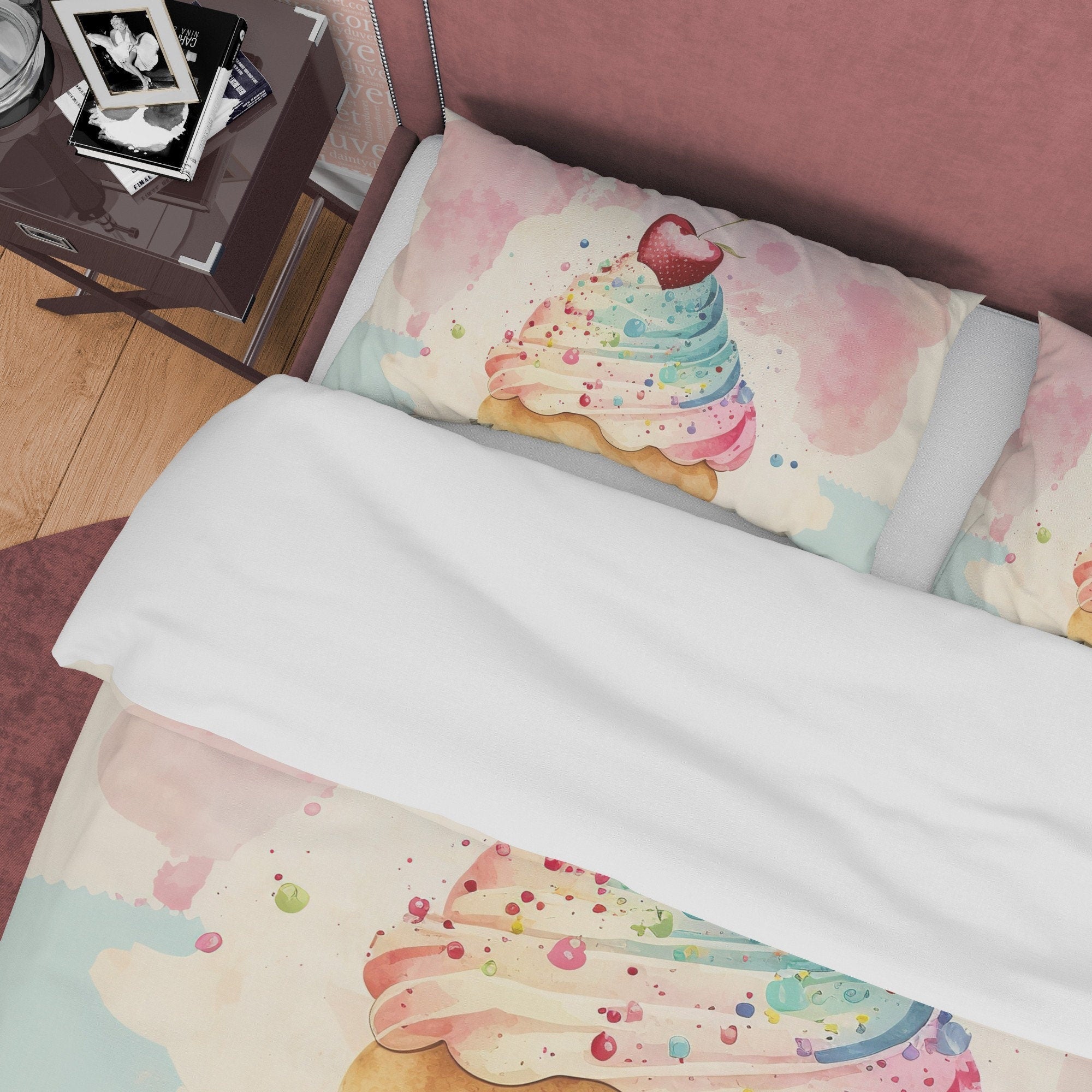Cupcake With Cherry On Top Duvet Cover Boho Bedroom Set, Pastel Color Girly Bedspread, Cute Quilt Cover, Dorm Bedding, Baby Girl Crib Set
