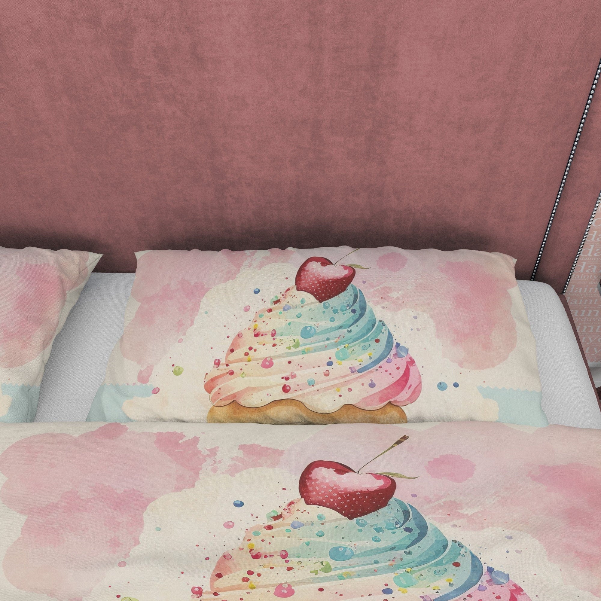 Cupcake With Cherry On Top Duvet Cover Boho Bedroom Set, Pastel Color Girly Bedspread, Cute Quilt Cover, Dorm Bedding, Baby Girl Crib Set