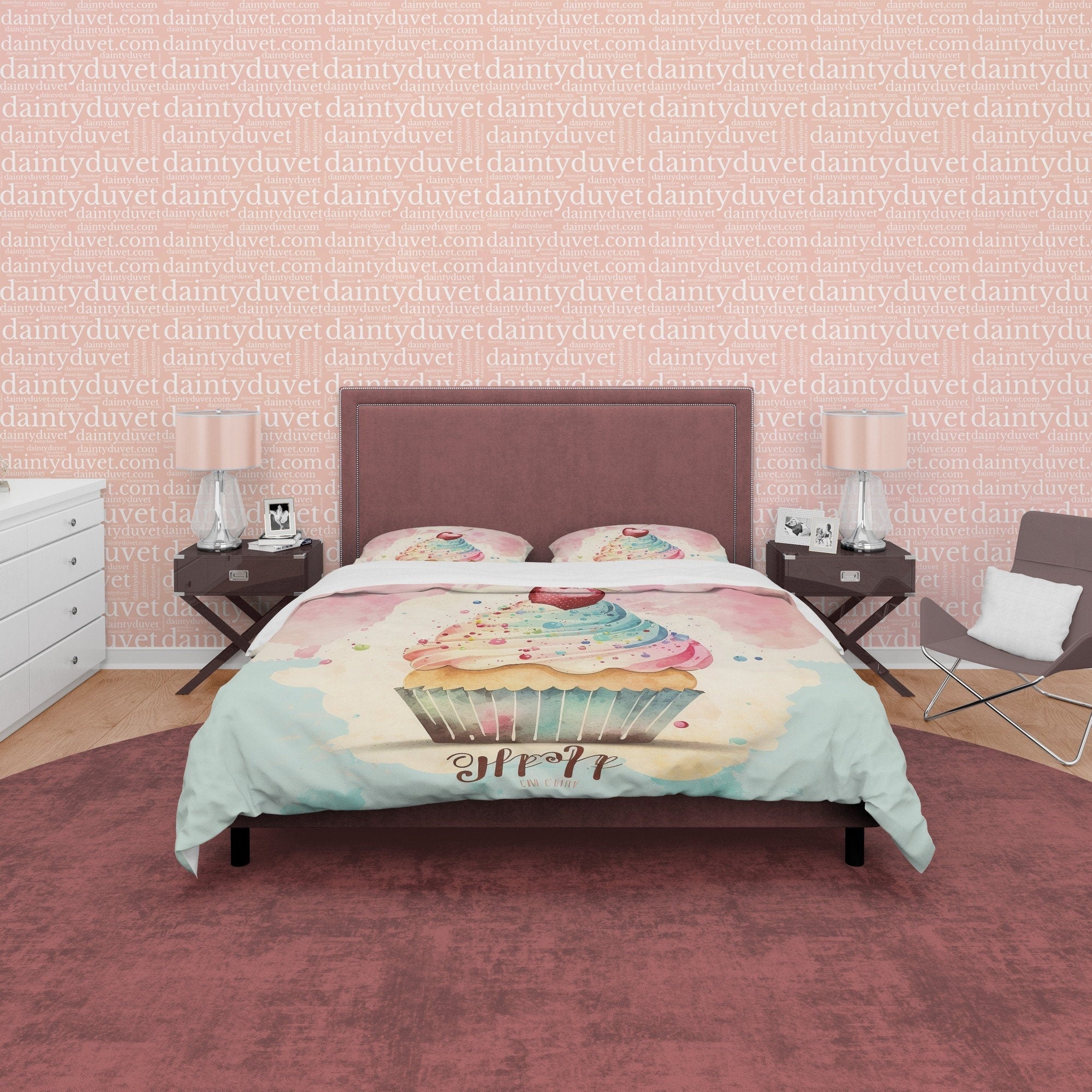 Cupcake With Cherry On Top Duvet Cover Boho Bedroom Set, Pastel Color Girly Bedspread, Cute Quilt Cover, Dorm Bedding, Baby Girl Crib Set