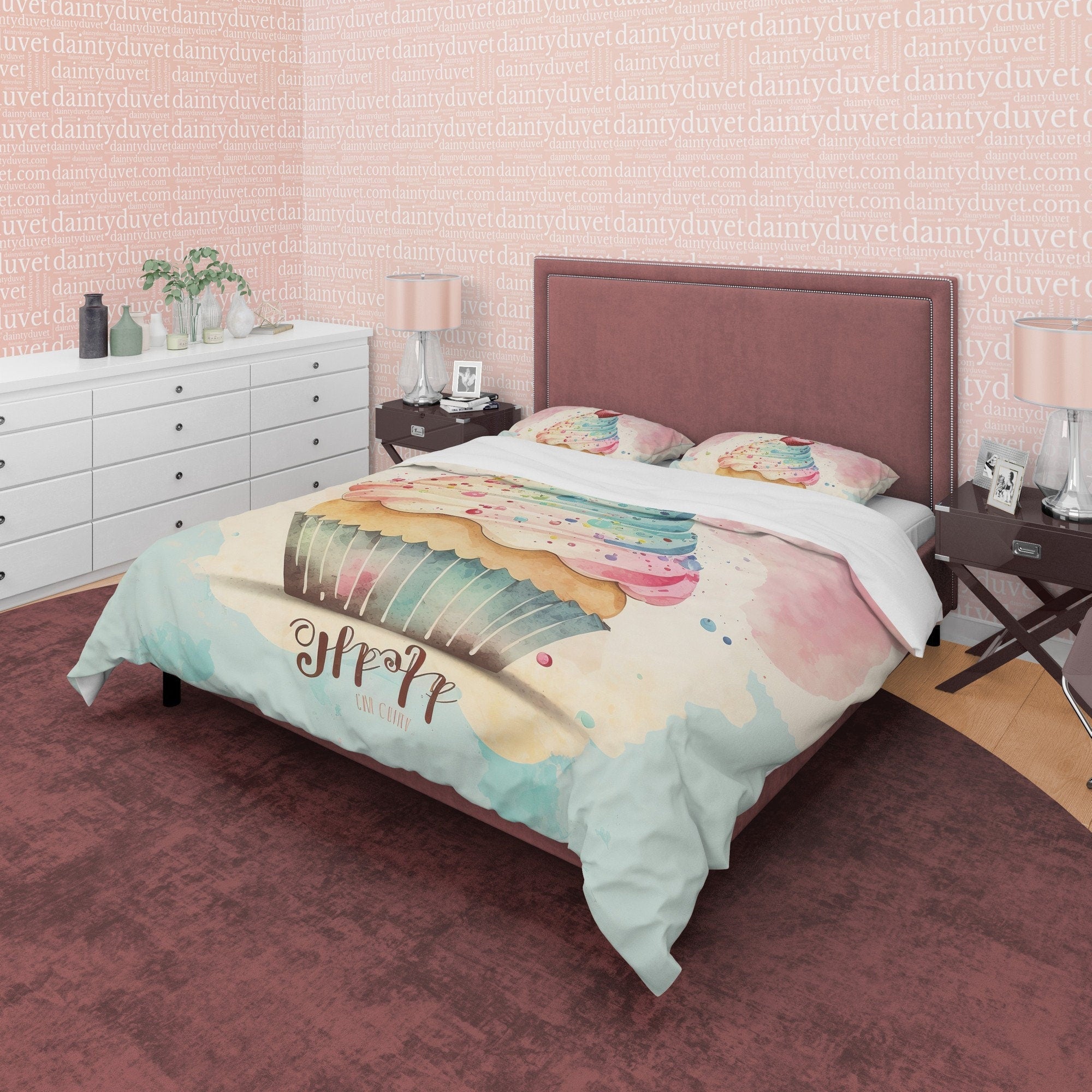 Cupcake With Cherry On Top Duvet Cover Boho Bedroom Set, Pastel Color Girly Bedspread, Cute Quilt Cover, Dorm Bedding, Baby Girl Crib Set