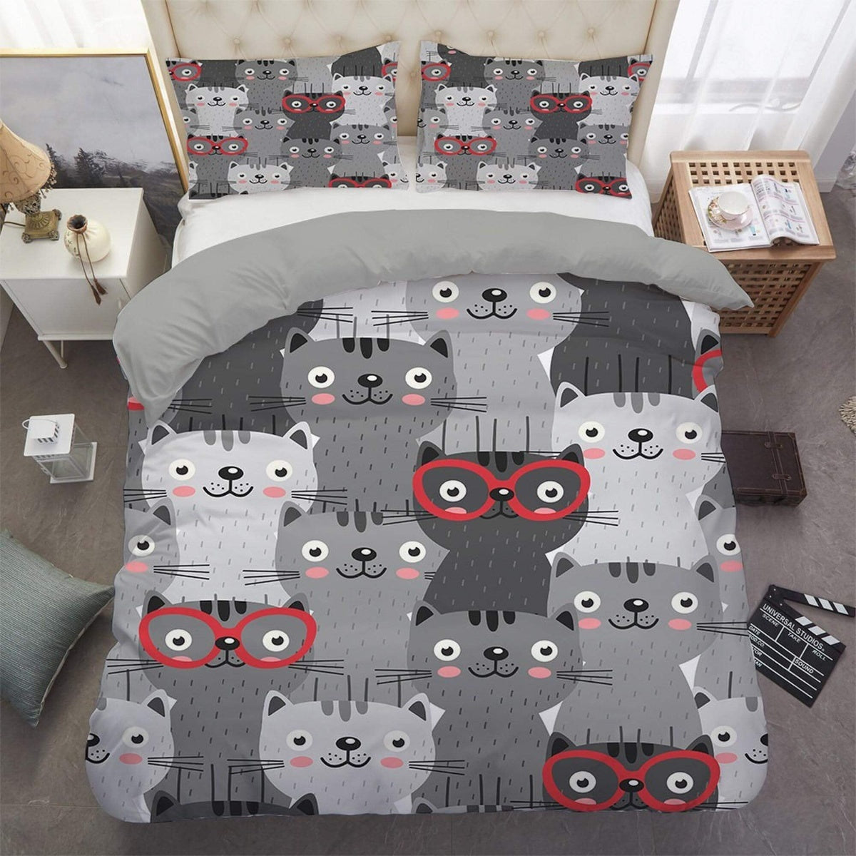 daintyduvet Cute and nerdy cats grey bedding, unisex toddler bedding, kids duvet cover set, gift for cat lovers, baby bedding, baby shower gift