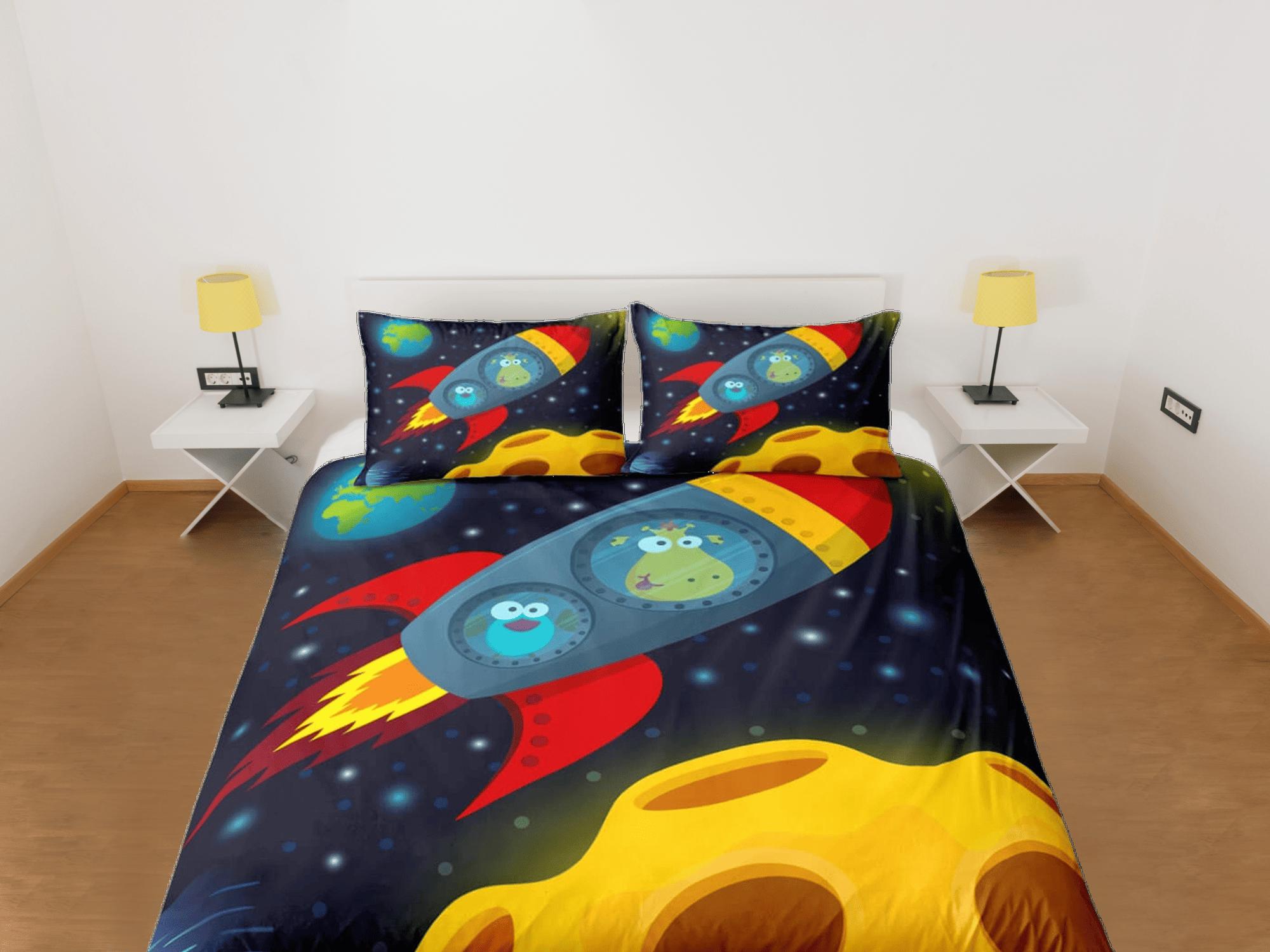 daintyduvet Cute animals in spaceship duvet cover set for kids, galaxy bedding set full, king, queen, astronomy dorm bedding, toddler bedding aesthetic