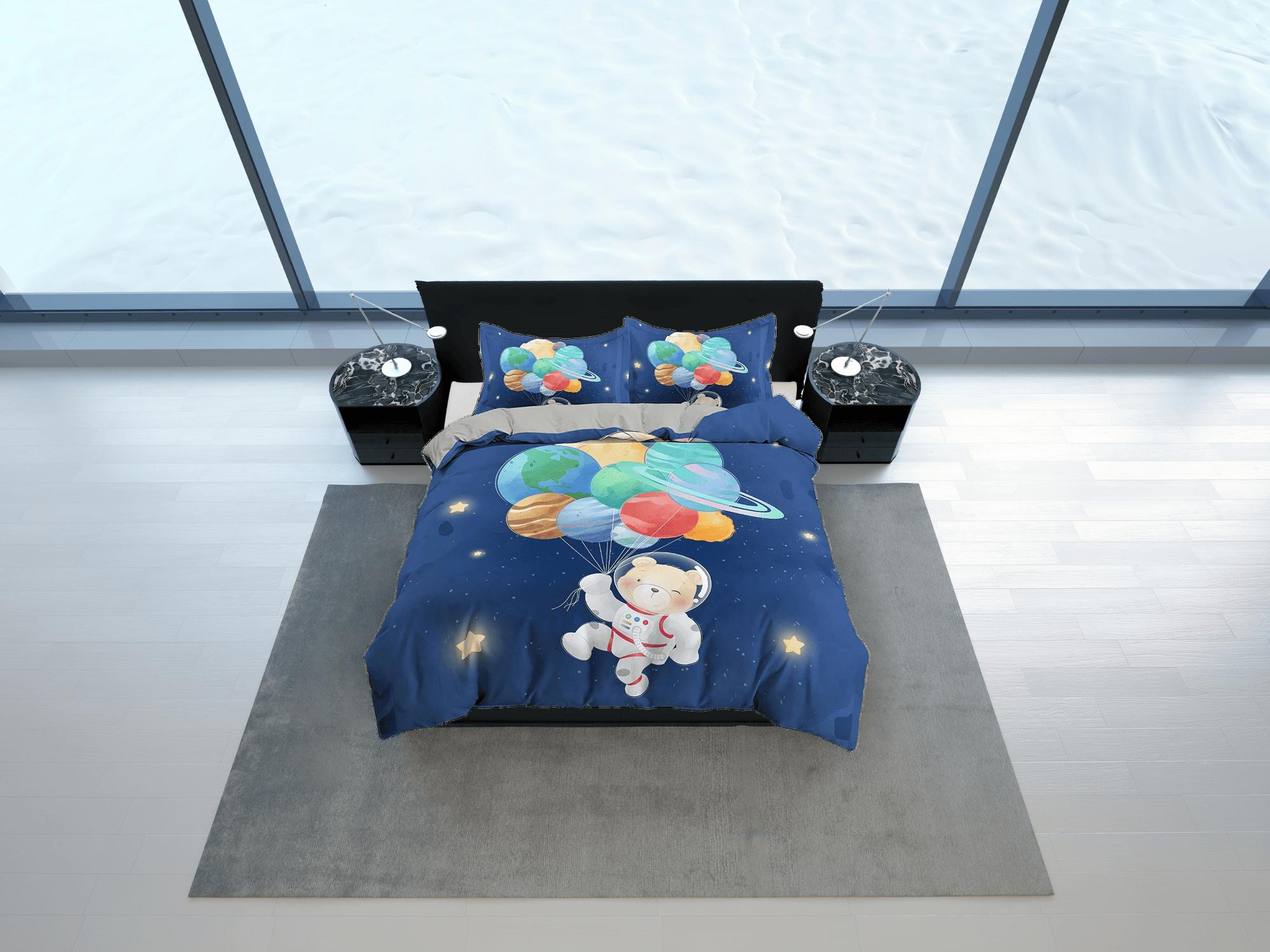 daintyduvet Cute bear astronaut with planets balloon, blue toddler bedding, duvet cover kids, crib bedding, baby zipper bedding, king queen full twin