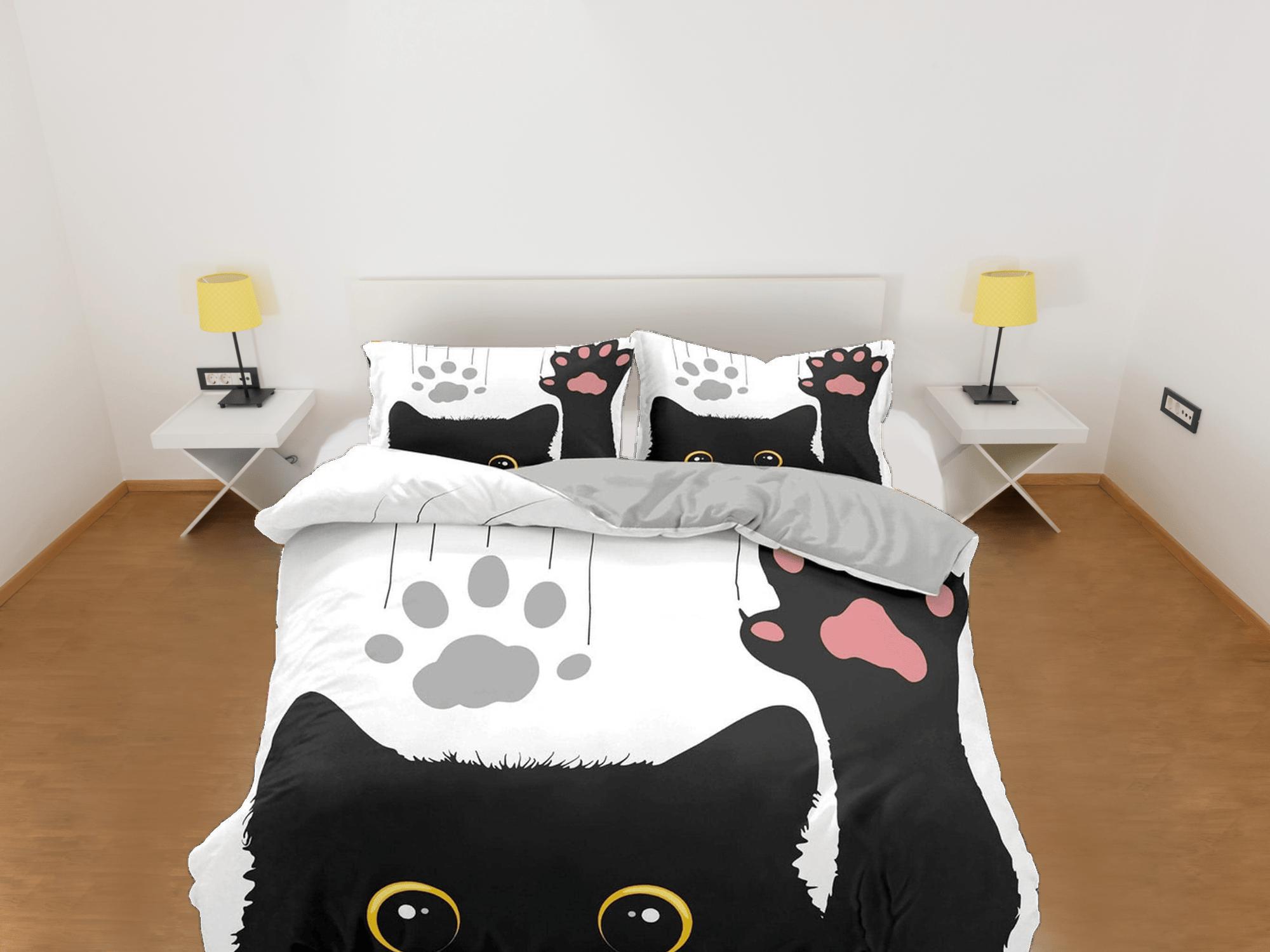daintyduvet Cute black cat bedding, toddler bedding, kids duvet cover set, gift for cat lovers, baby bedding, baby shower gift, waving cat, paw print