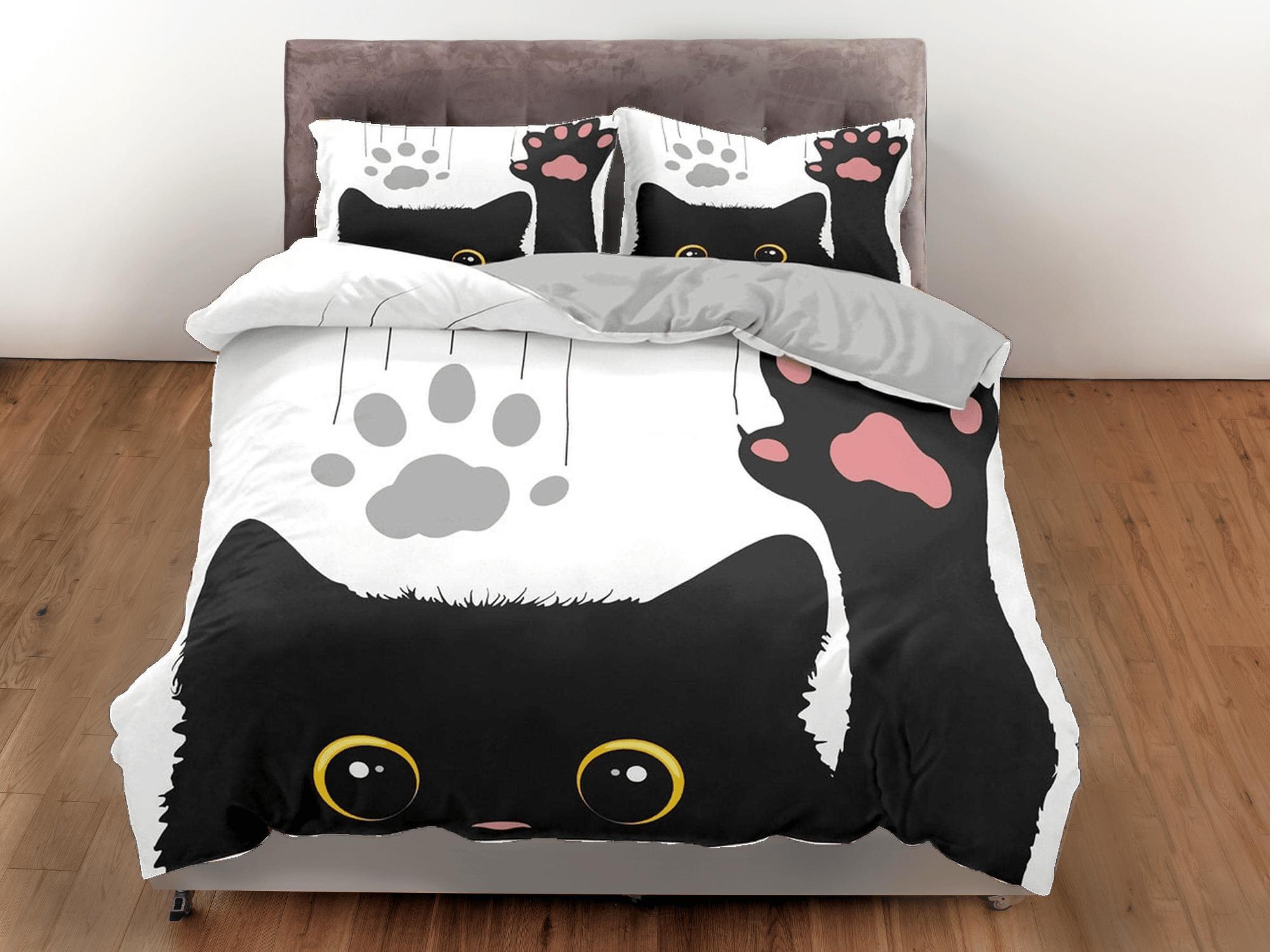 daintyduvet Cute black cat bedding, toddler bedding, kids duvet cover set, gift for cat lovers, baby bedding, baby shower gift, waving cat, paw print