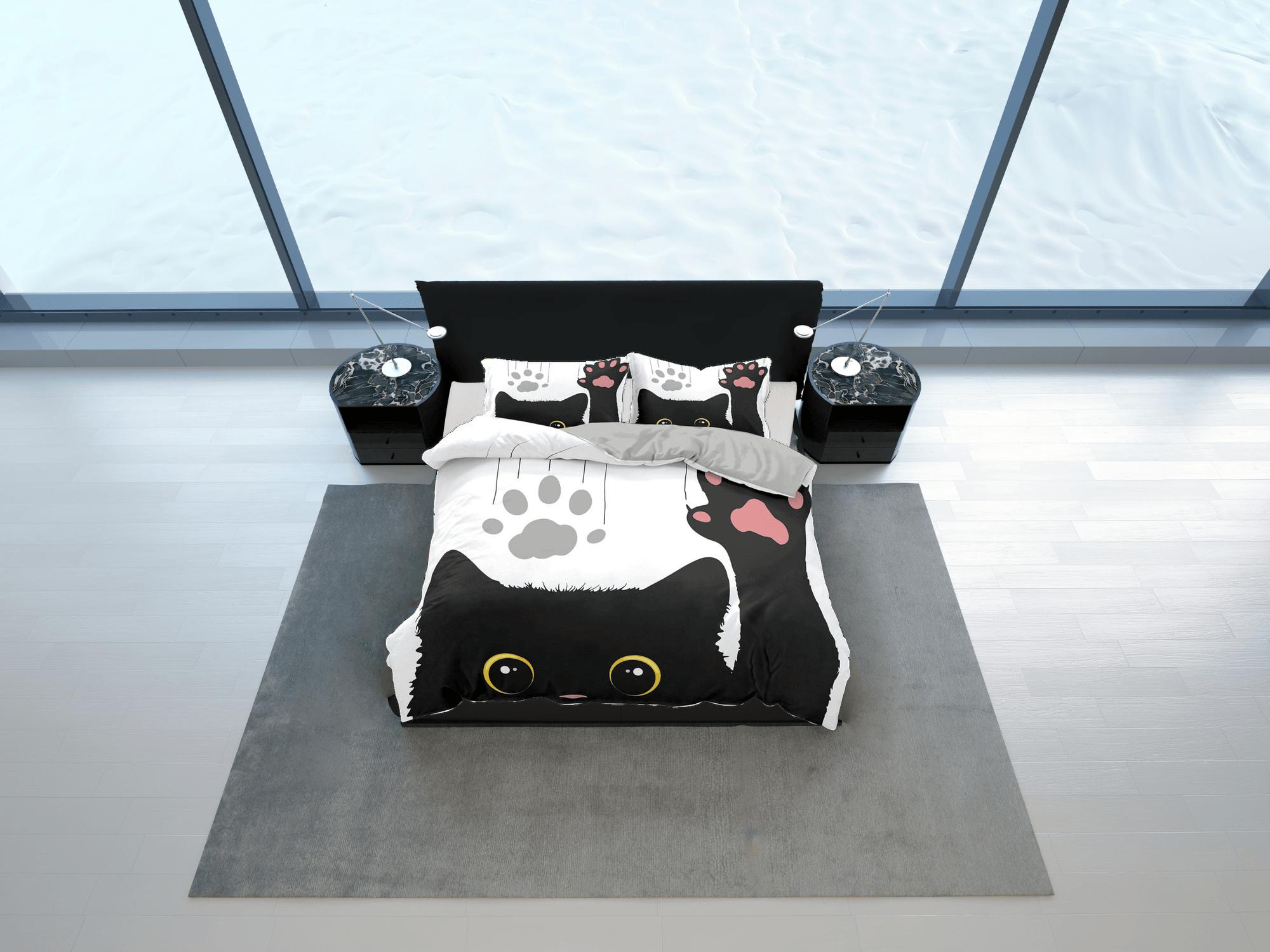 daintyduvet Cute black cat bedding, toddler bedding, kids duvet cover set, gift for cat lovers, baby bedding, baby shower gift, waving cat, paw print