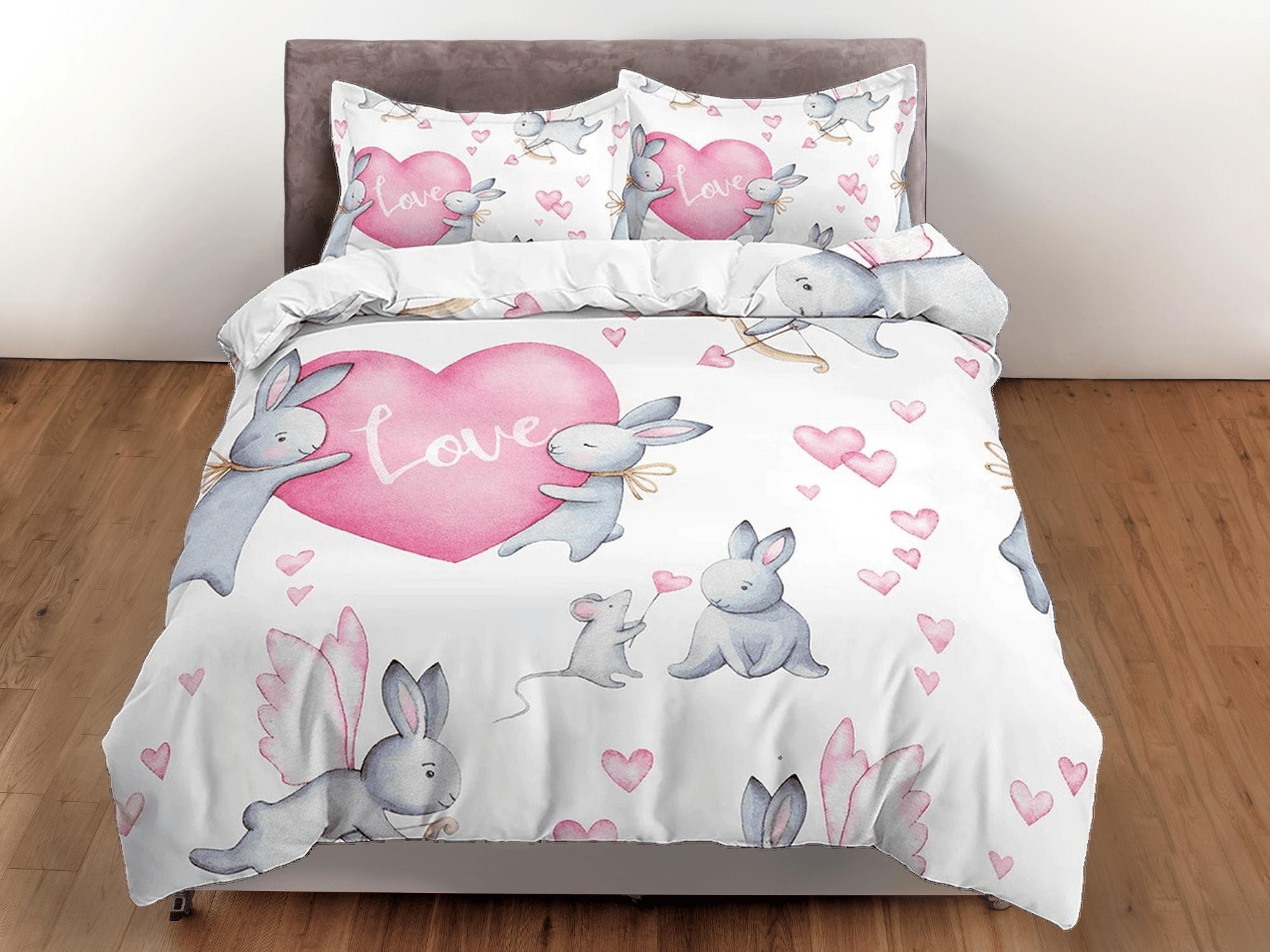 daintyduvet Cute Bunny and Hearts Bedding, Duvet Cover Set & Pillowcase, Zipper Bedding, Dorm Bedding, Teens Adult Duvet King Queen Full Twin Single