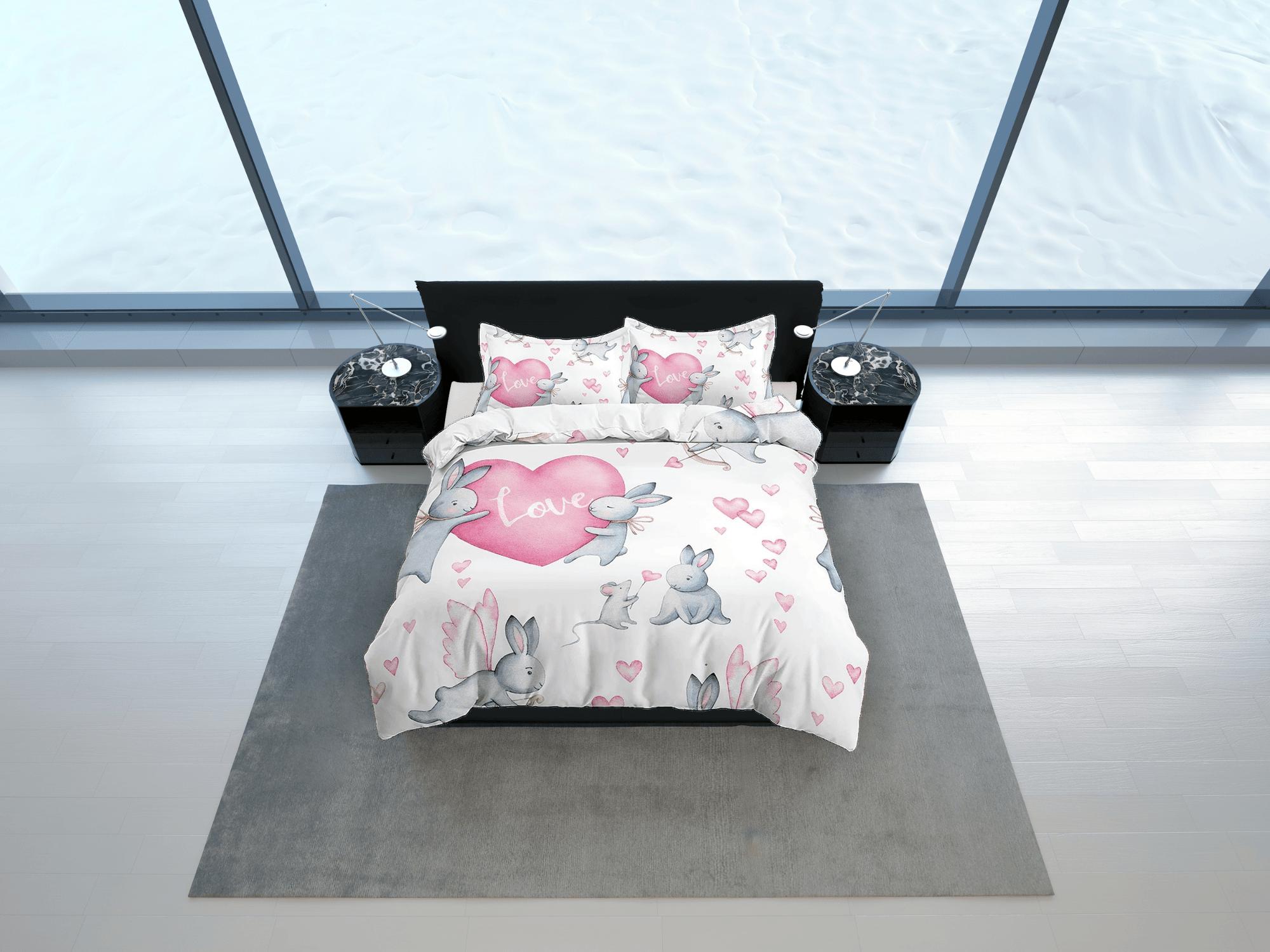 daintyduvet Cute Bunny and Hearts Bedding, Duvet Cover Set & Pillowcase, Zipper Bedding, Dorm Bedding, Teens Adult Duvet King Queen Full Twin Single