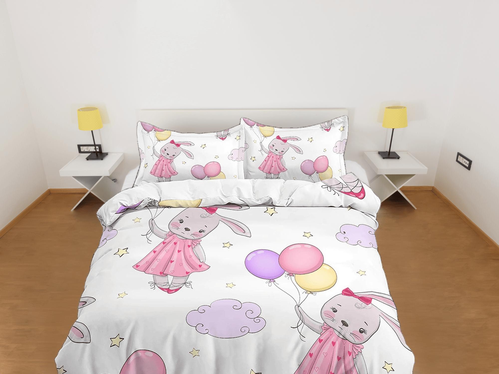 daintyduvet Cute Bunny with Balloons Bedding, Duvet Cover Set & Pillowcase, Zipper Bedding, Dorm Bedding, Teens Adult Duvet King Queen Full Twin Single