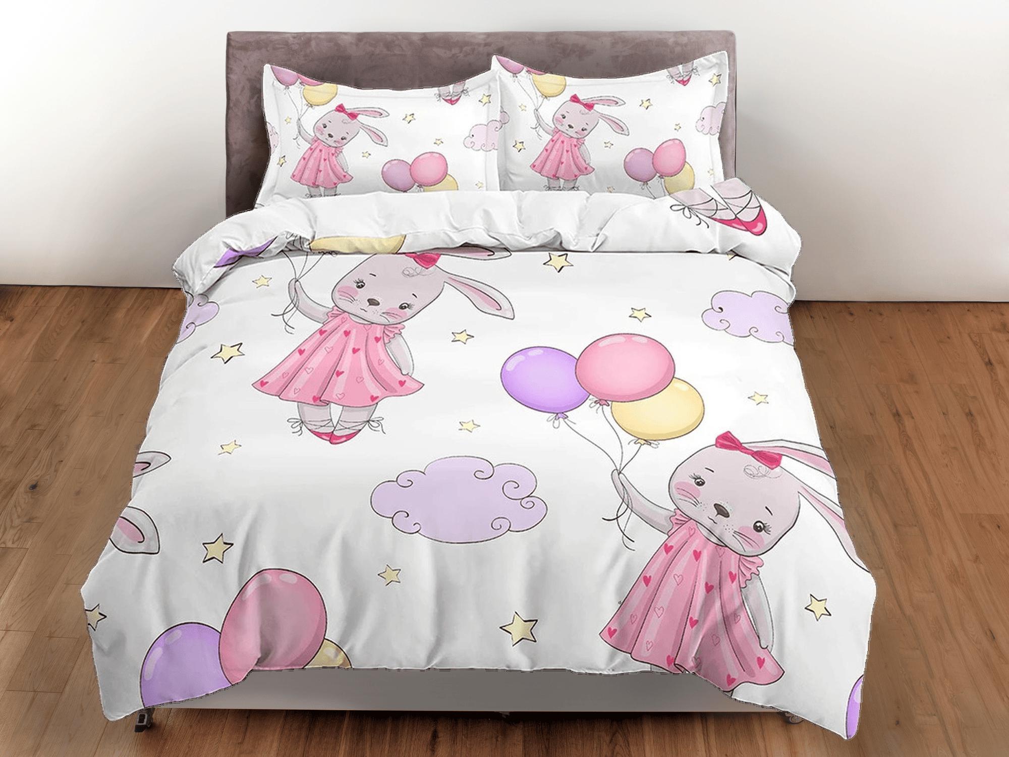 daintyduvet Cute Bunny with Balloons Bedding, Duvet Cover Set & Pillowcase, Zipper Bedding, Dorm Bedding, Teens Adult Duvet King Queen Full Twin Single