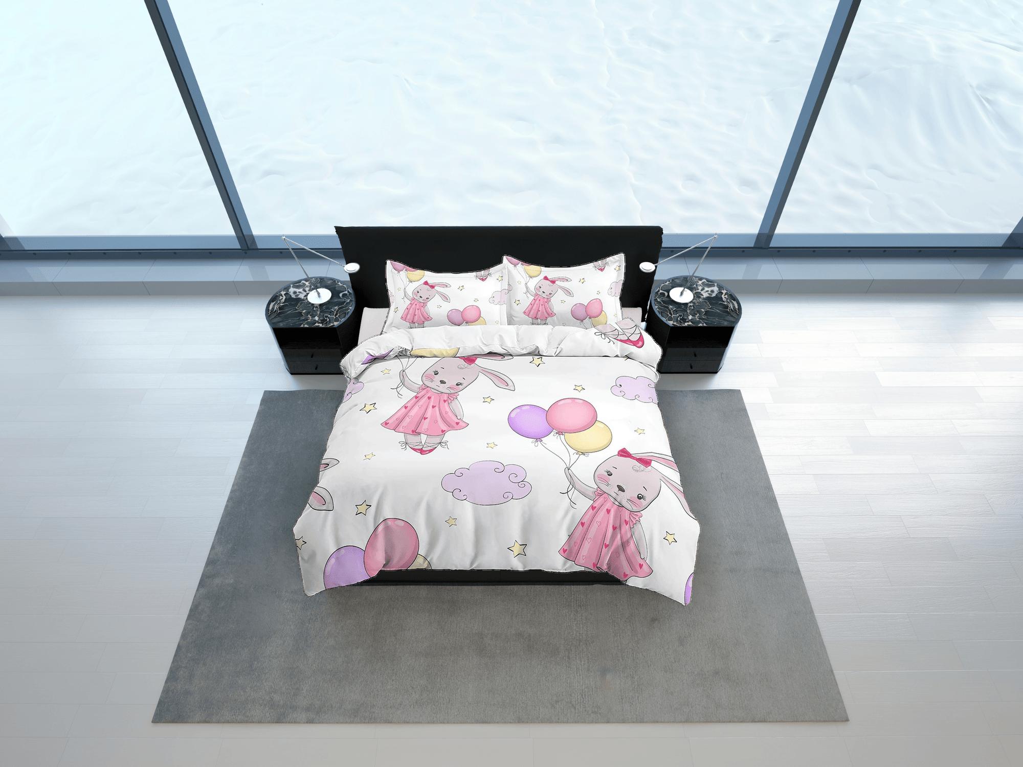 daintyduvet Cute Bunny with Balloons Bedding, Duvet Cover Set & Pillowcase, Zipper Bedding, Dorm Bedding, Teens Adult Duvet King Queen Full Twin Single