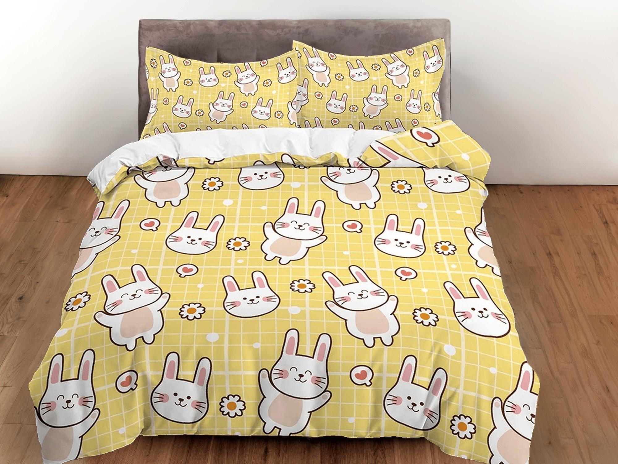 daintyduvet Cute Bunny Yellow Toddler Bedding, Unique Duvet Cover for Nursery Kids, Crib Bedding & Pillowcase, Baby Zipper Bedding, King Queen Full Twin