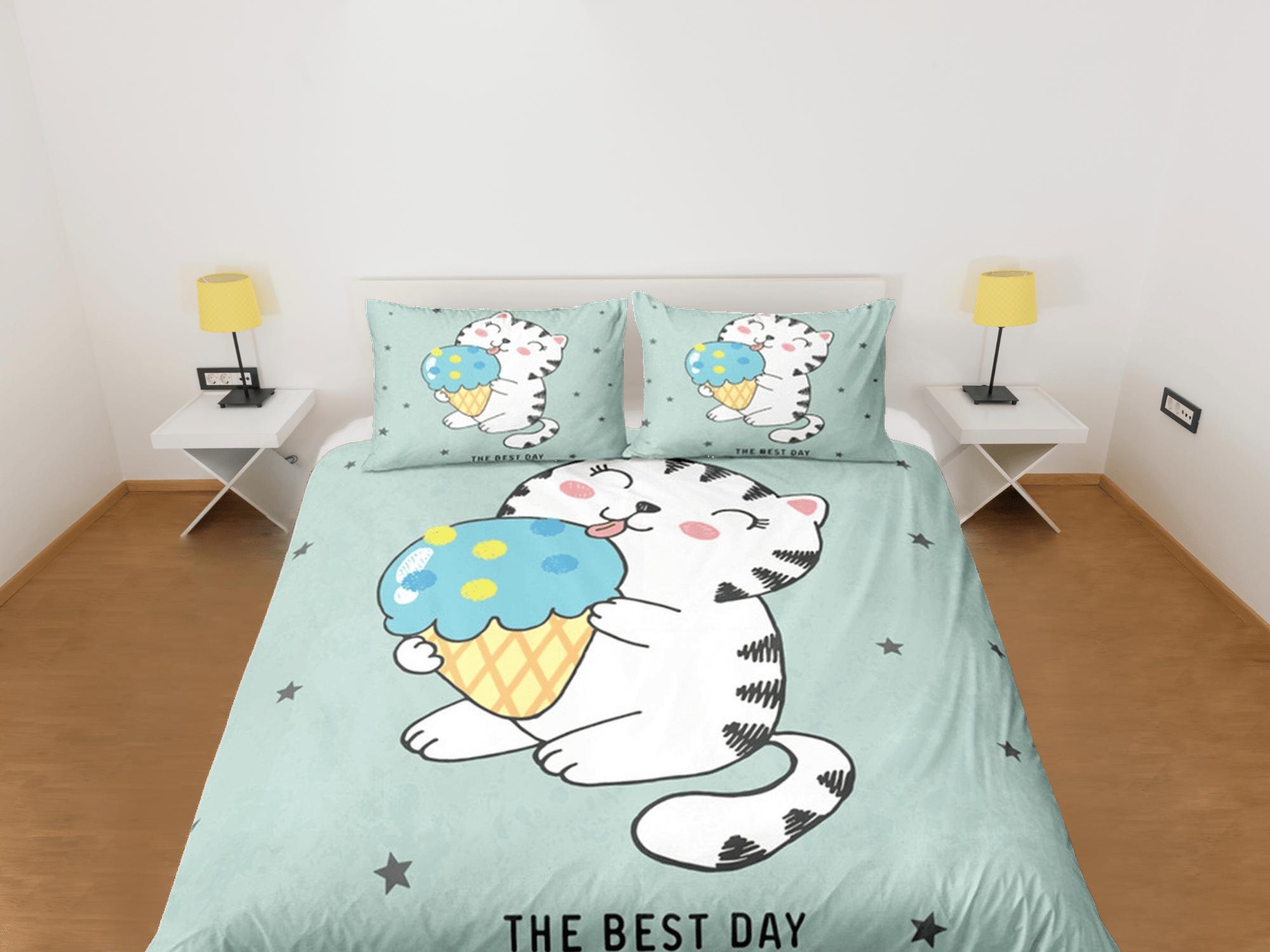 daintyduvet Cute Cat Bedding Green, Neutral Gender Toddler Bedding, Kids Duvet Cover Set, Baby Bedding, Baby Shower Doona Cover up to California King