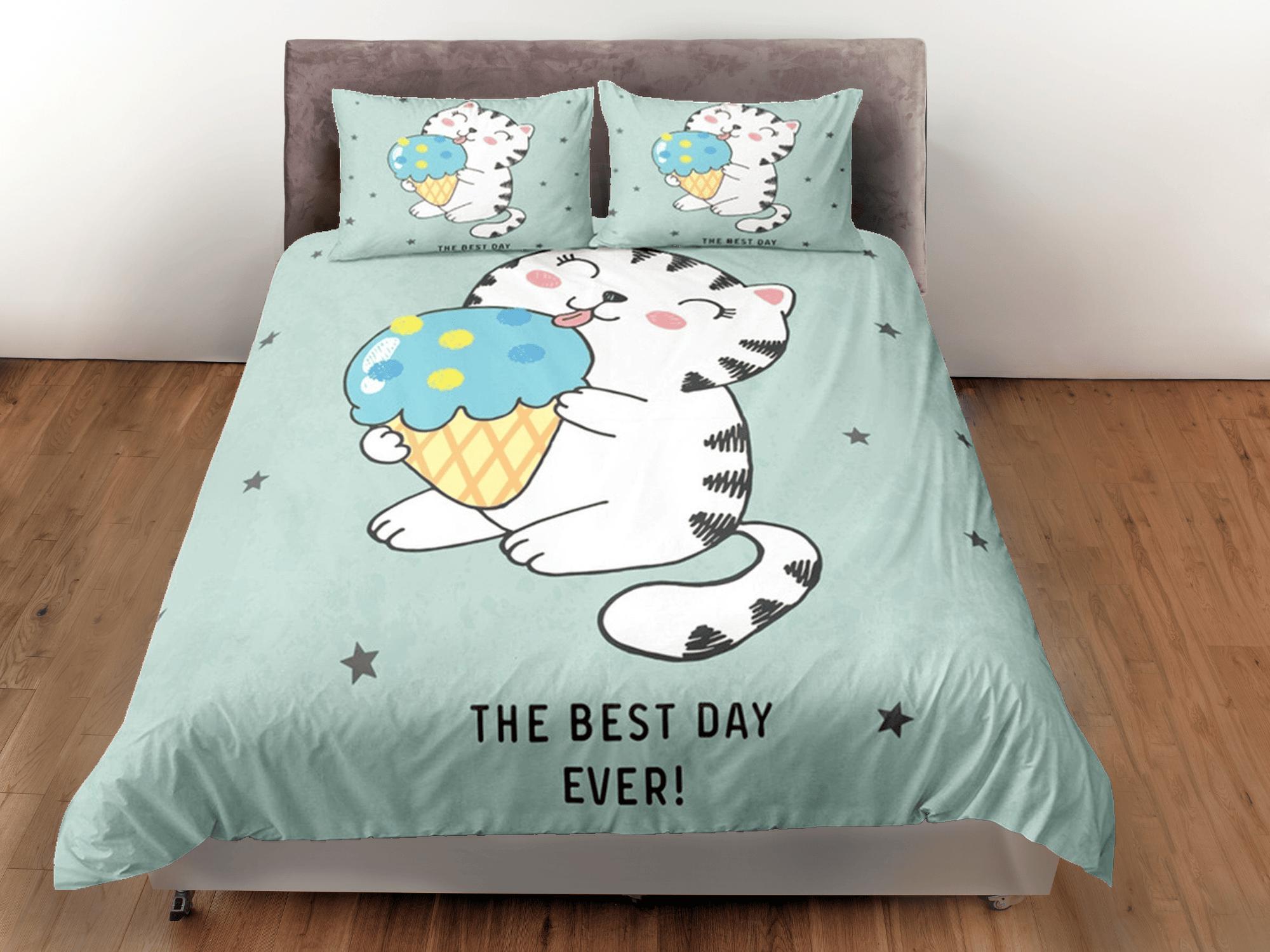 daintyduvet Cute Cat Bedding Green, Neutral Gender Toddler Bedding, Kids Duvet Cover Set, Baby Bedding, Baby Shower Doona Cover up to California King