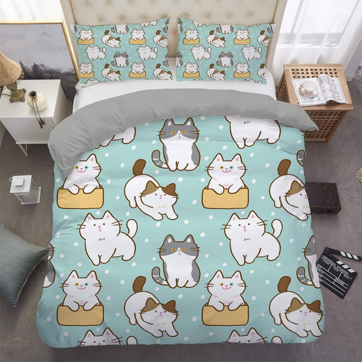 daintyduvet Cute cat bedding mint green, toddler bedding, kids duvet cover set, gift for cat lovers, baby bedding, baby shower gift, kawaii neko