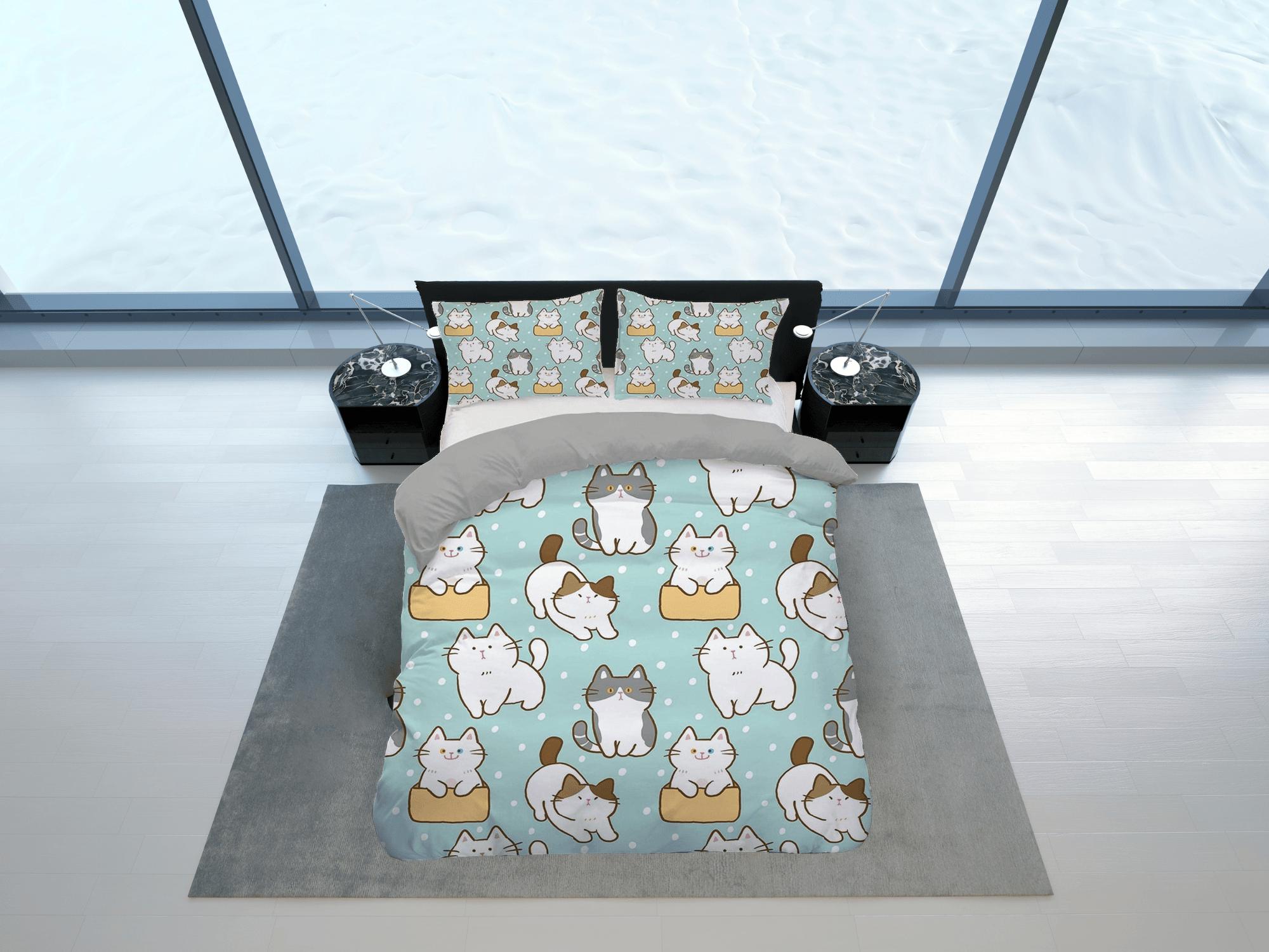 daintyduvet Cute cat bedding mint green, toddler bedding, kids duvet cover set, gift for cat lovers, baby bedding, baby shower gift, kawaii neko