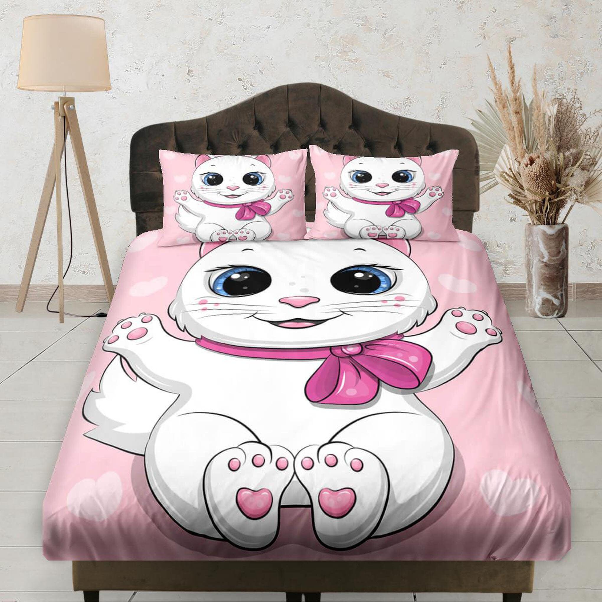 daintyduvet Cute Cat Pink Baby Girl Fitted Sheet Deep Pocket, Aesthetic Bedding Set Full, Elastic Bedsheet, Dorm Bedding, Crib Sheet, Size King, Queen