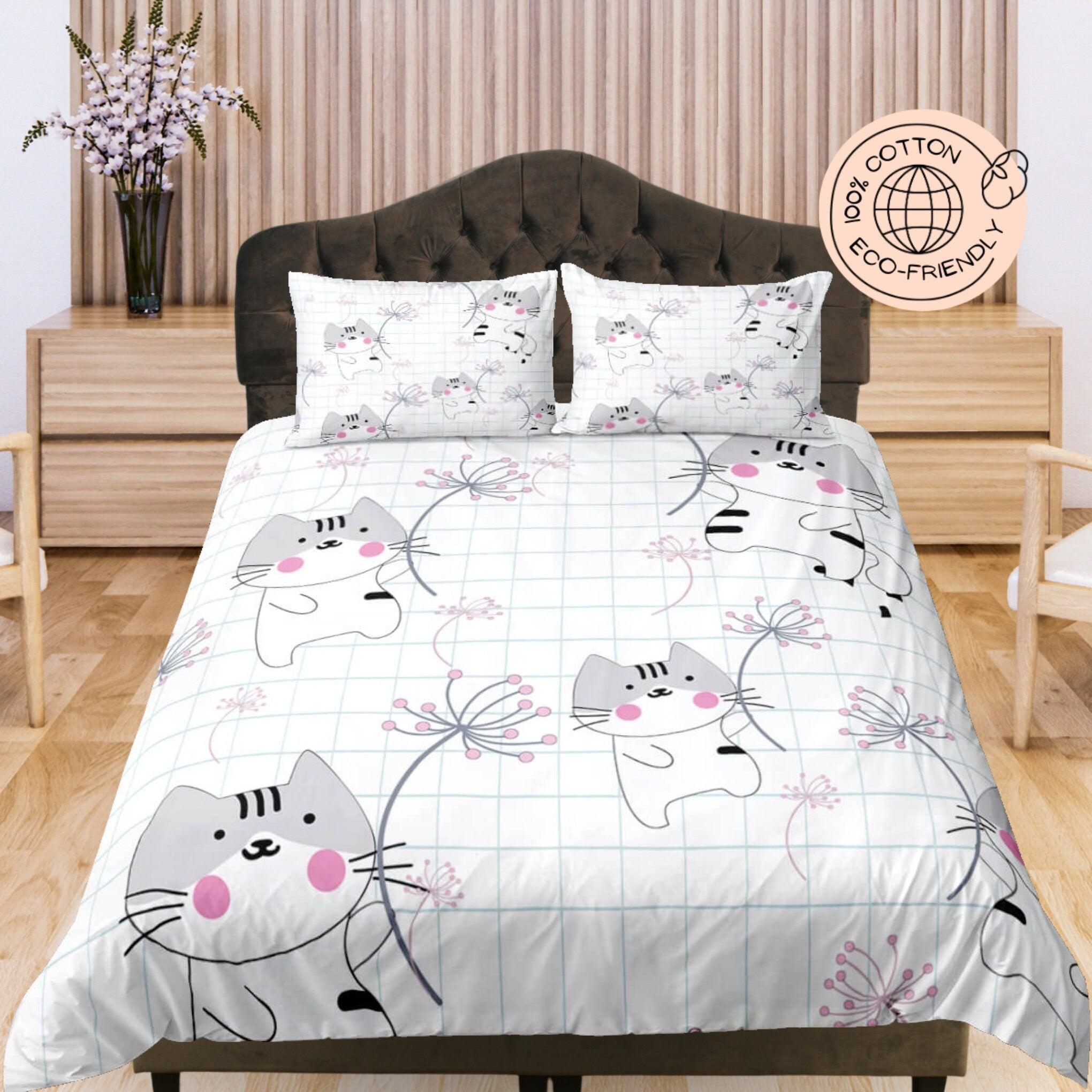 daintyduvet Cute Cats Dandellion, White Cotton Duvet Cover Set for Kids, Toddler Bedding, Baby Zipper Bedding, Nursery Cotton Bedding, Crib Blanket