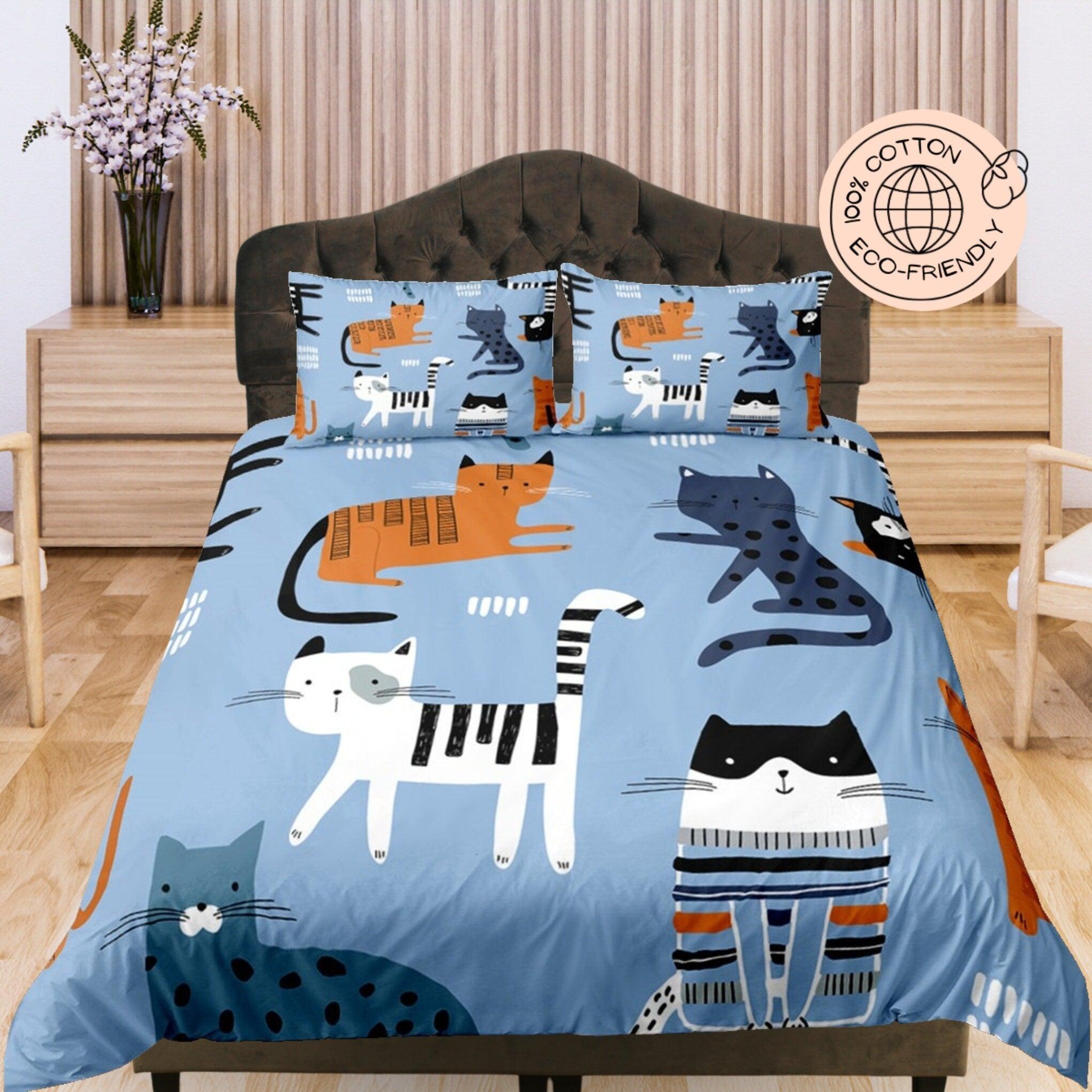 daintyduvet Cute Cats Relaxing, Blue Cotton Duvet Cover Set for Kids, Toddler Bedding, Baby Zipper Bedding, Nursery Cotton Bedding, Crib Blanket