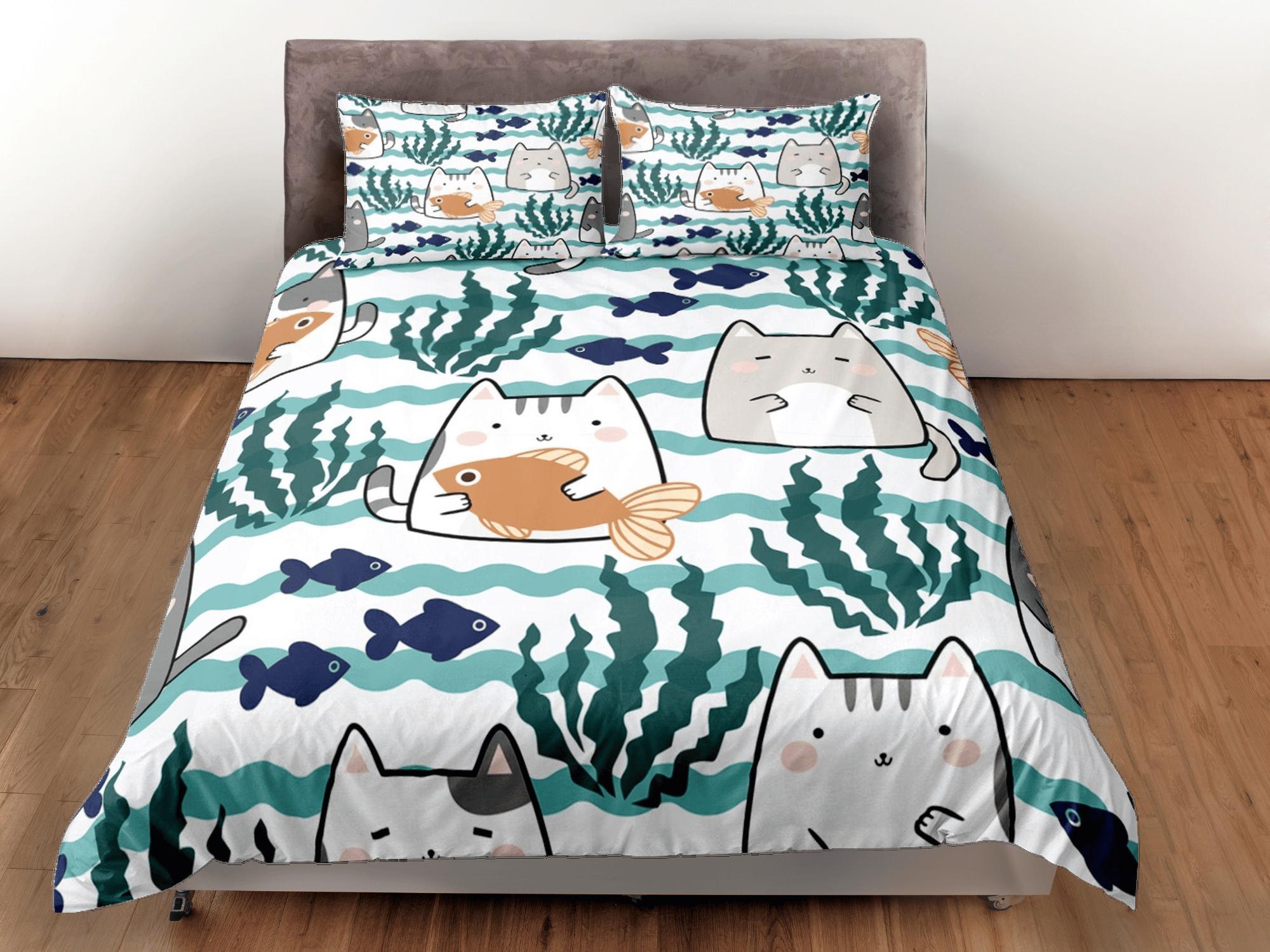 daintyduvet Cute Cats Sea Duvet Cover Set Bedspread Cat Lover Gift Bedding for Teens Kids Bedroom Comforter Cover