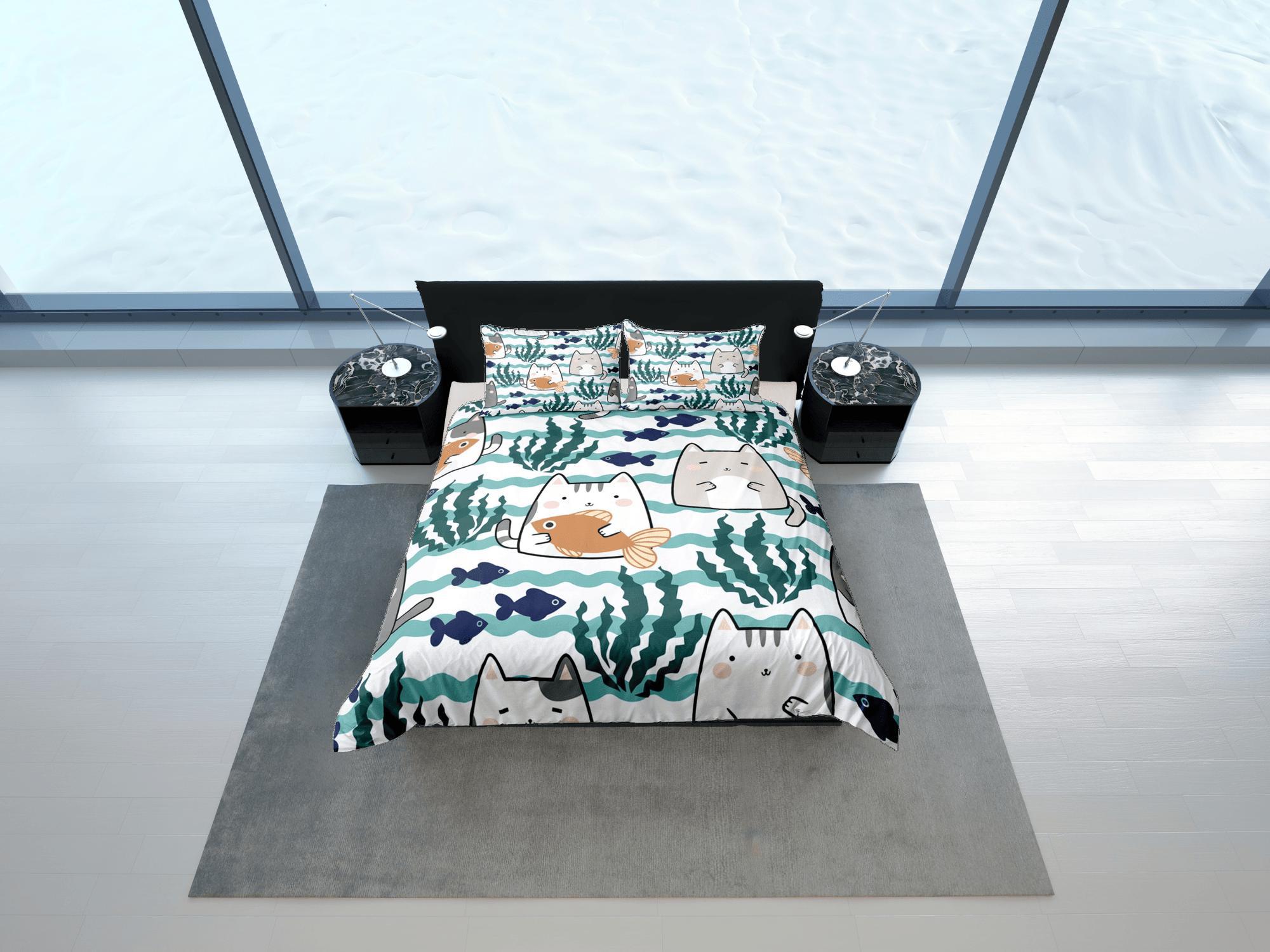 daintyduvet Cute Cats Sea Duvet Cover Set Bedspread Cat Lover Gift Bedding for Teens Kids Bedroom Comforter Cover