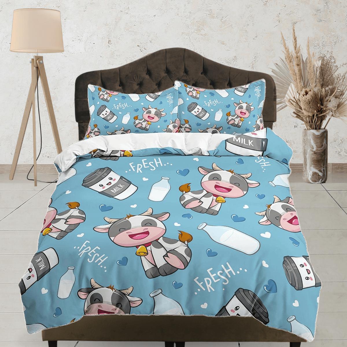 daintyduvet Cute Cow Blue Bedding, Duvet Cover Set & Pillowcase, Zipper Bedding, Dorm Bedding, Teens Adult Duvet King Queen Full Twin Single