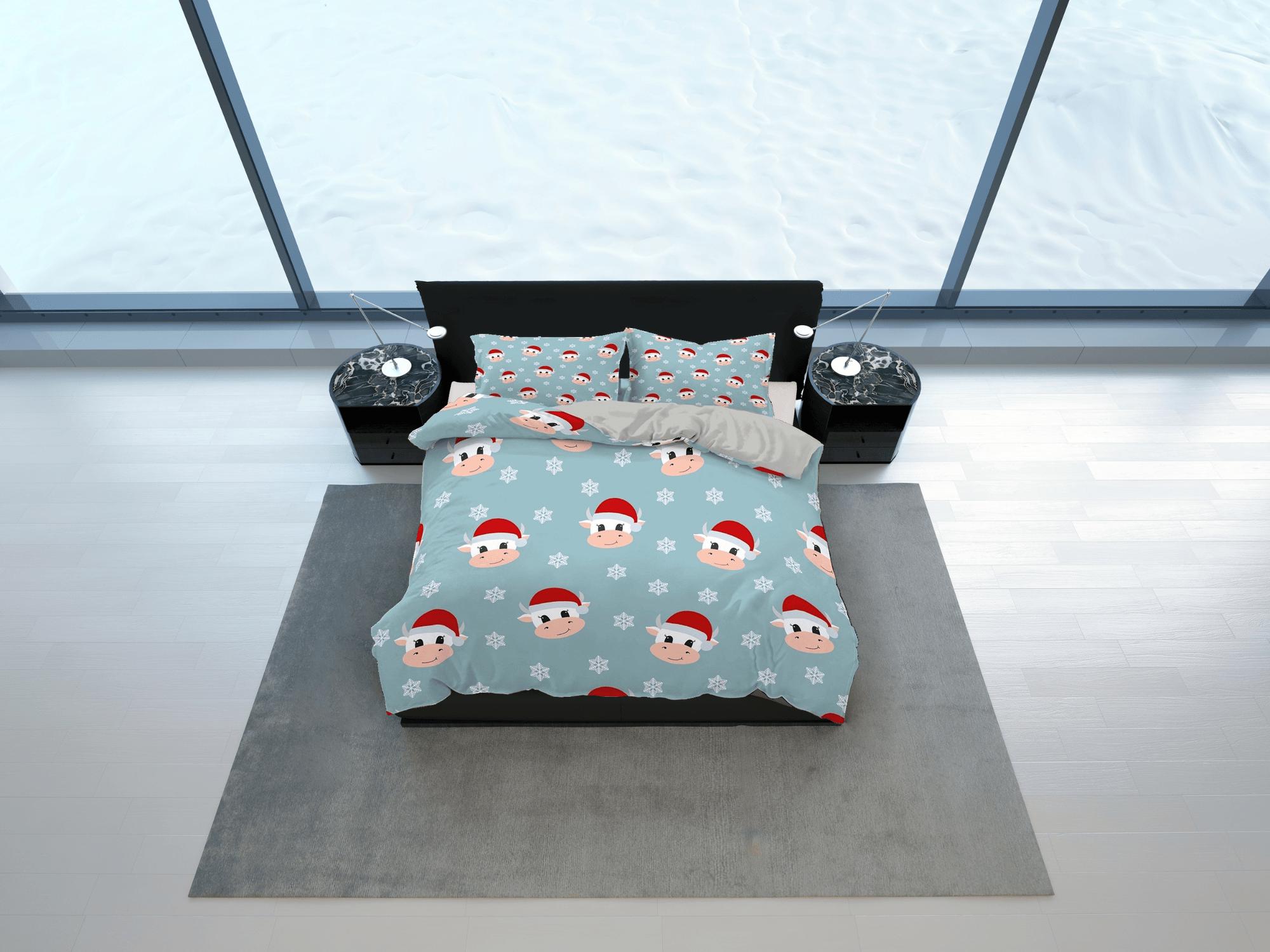 daintyduvet Cute Cow Christmas bedding & pillowcase holiday gift blue duvet cover king queen full twin toddler bedding baby Christmas farmhouse decor