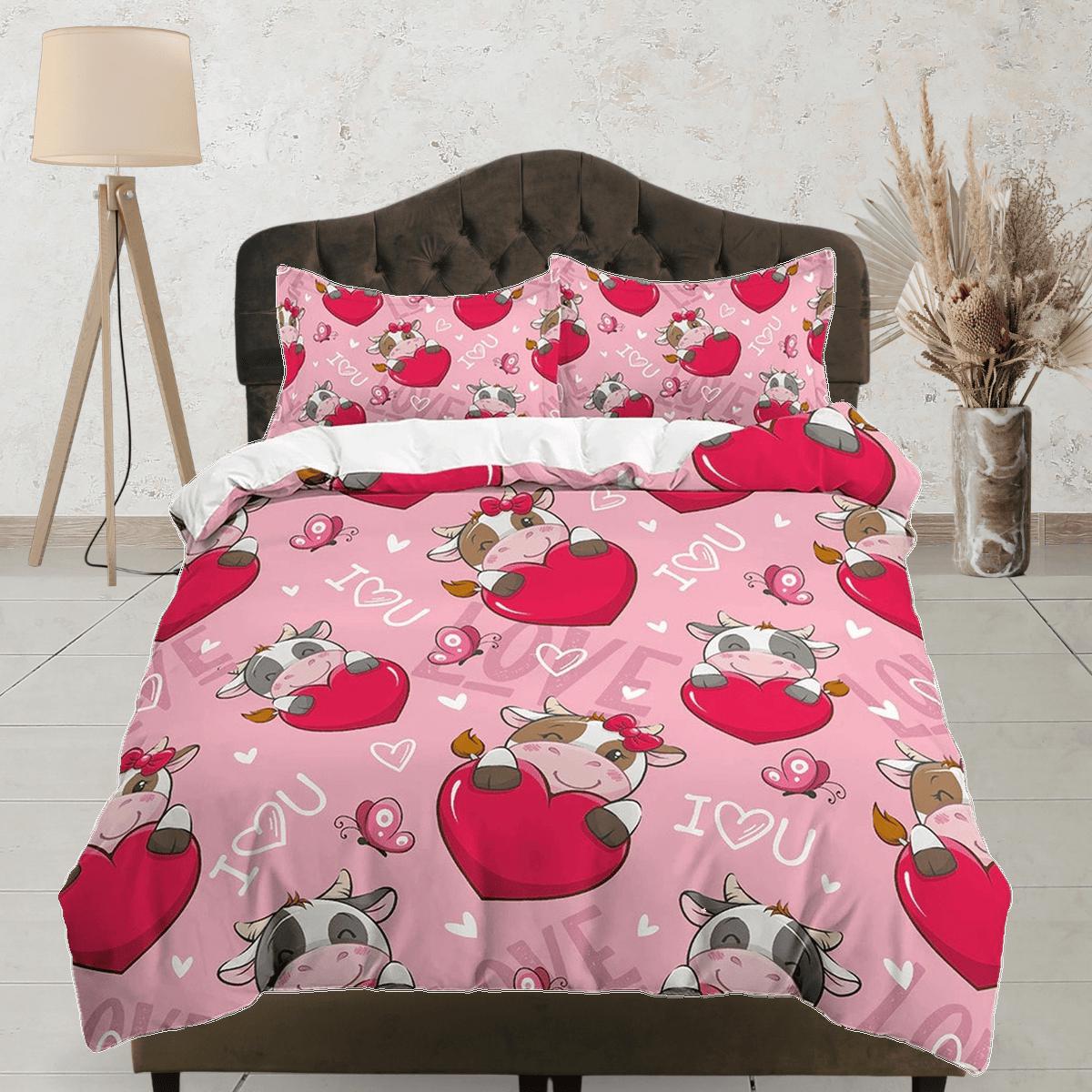 daintyduvet Cute Cow with Heart, Pink Girl Toddler Bedding, Unique Duvet Cover Nursery Kids, Crib Bedding, Baby Zipper Bedding, King Queen Full Twin