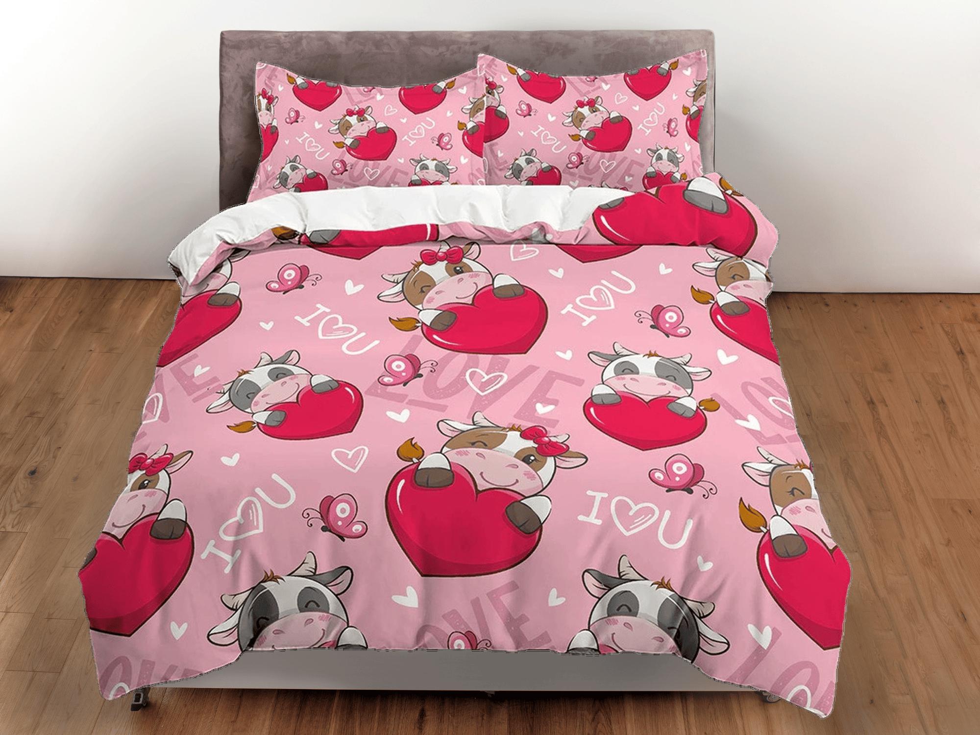 daintyduvet Cute Cow with Heart, Pink Girl Toddler Bedding, Unique Duvet Cover Nursery Kids, Crib Bedding, Baby Zipper Bedding, King Queen Full Twin