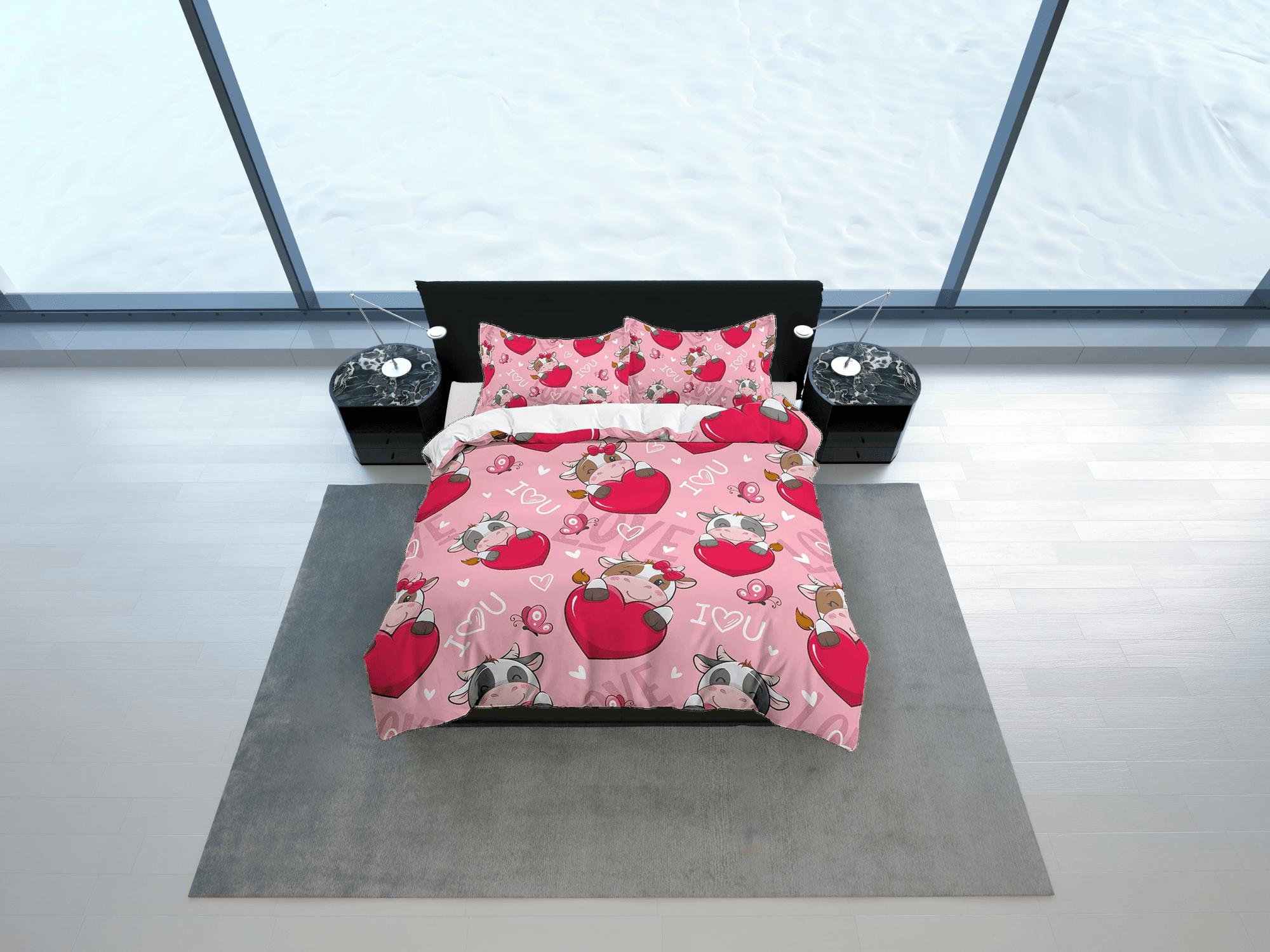 daintyduvet Cute Cow with Heart, Pink Girl Toddler Bedding, Unique Duvet Cover Nursery Kids, Crib Bedding, Baby Zipper Bedding, King Queen Full Twin