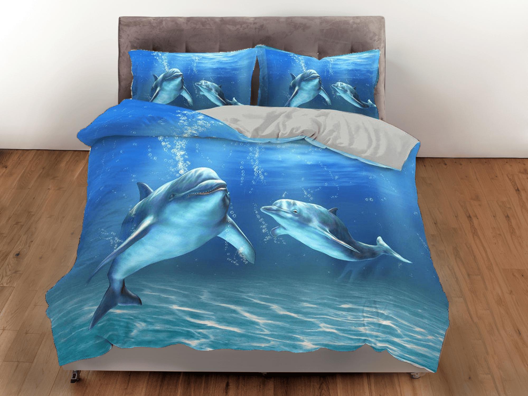 daintyduvet Cute dolphins under the sea bedding blue duvet cover, ocean blush decor bottle nose dolphin bedding set full king queen twin, dorm bedding